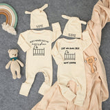 Funny Twin Baby Bodysuit and Hat Set Personalized Minimalist Design Crib Graphics Black on Cream Outfit Gift for Girls Coming Home Clothes