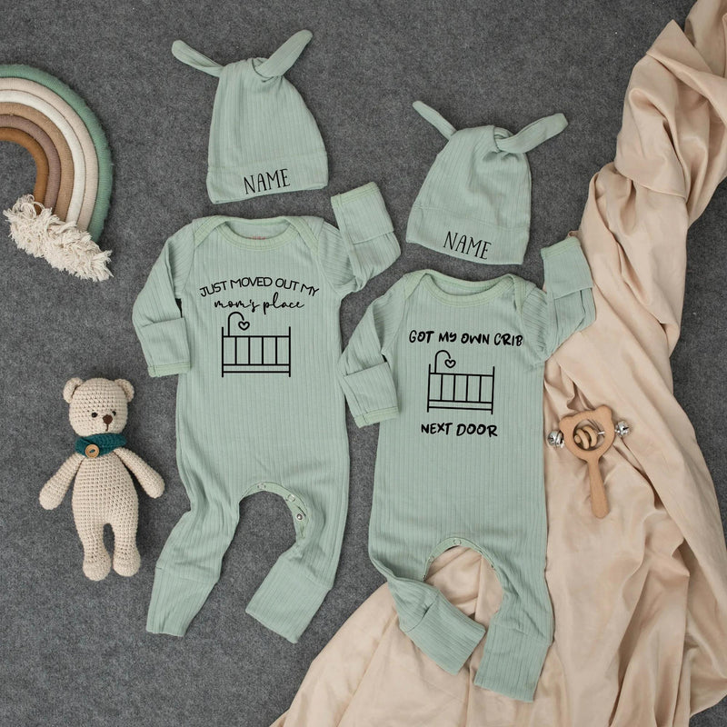 Funny Twin Baby Bodysuit and Hat Set Personalized Minimalist Design Crib Graphics Black on Cream Outfit Gift for Girls Coming Home Clothes