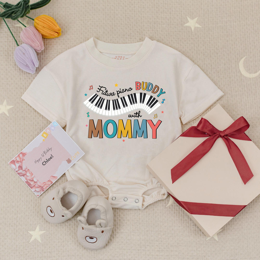 Future Piano Buddy Baby Romper with Mommy, Retro Music Infant Bodysuit, Soft Cotton Baby Clothes, Musical Notes Gift for Baby Birthday