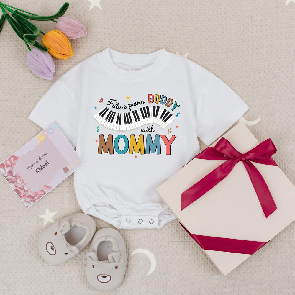 Future Piano Buddy Baby Romper with Mommy, Retro Music Infant Bodysuit, Soft Cotton Baby Clothes, Musical Notes Gift for Baby Birthday