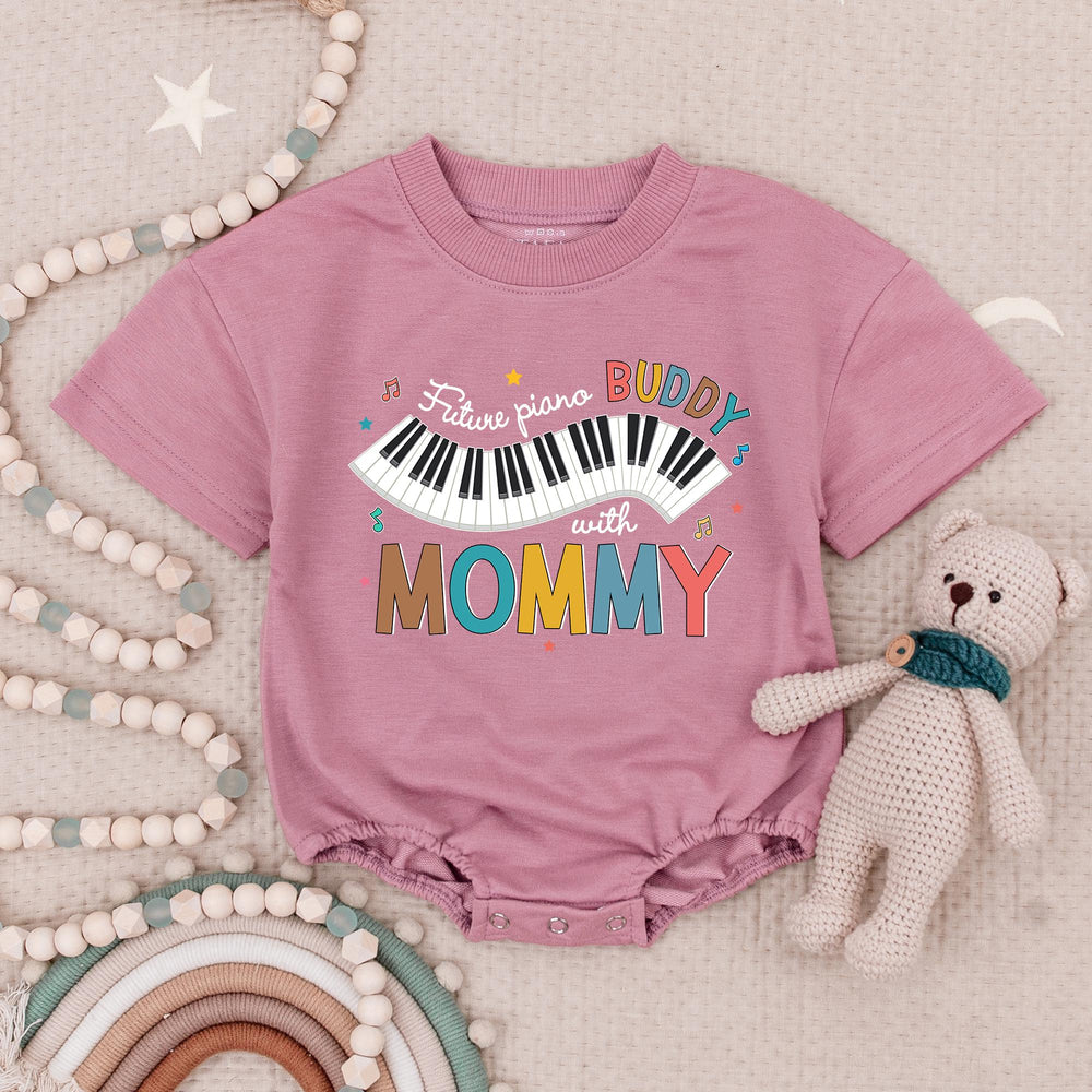 Future Piano Buddy Baby Romper with Mommy, Retro Music Infant Bodysuit, Soft Cotton Baby Clothes, Musical Notes Gift for Baby Birthday