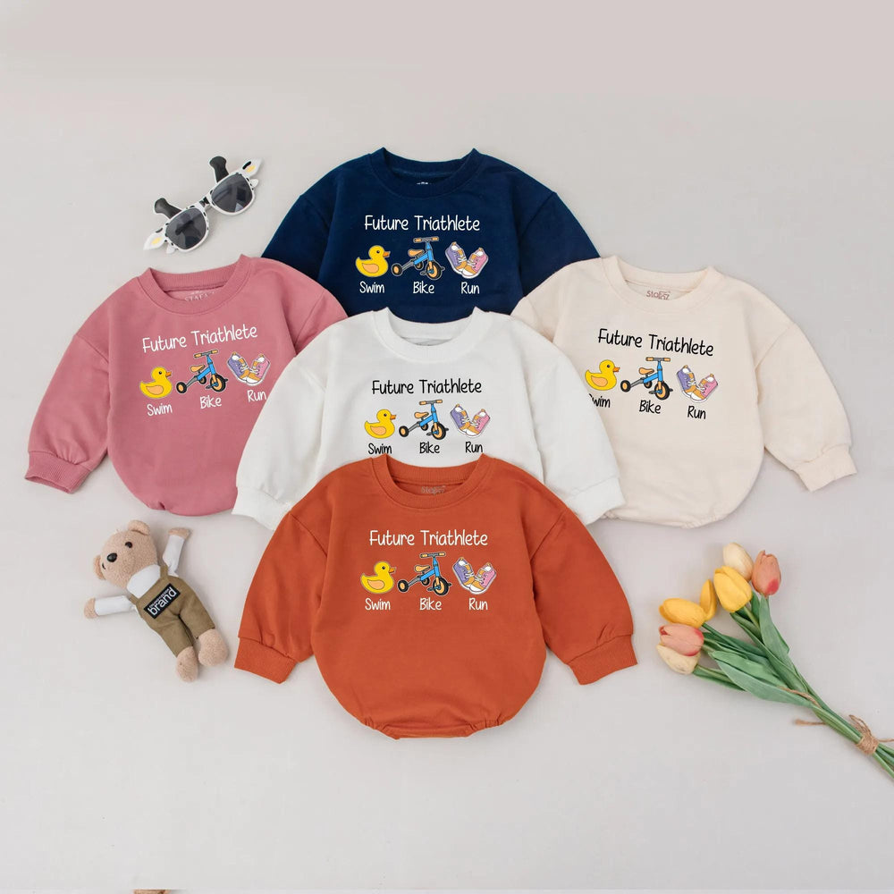 Future Triathlete Baby Romper Cute Swim Bike Run Outfit for Infant or Toddler Sporty Baby Shower Gift Soft Comfortable Cotton Design