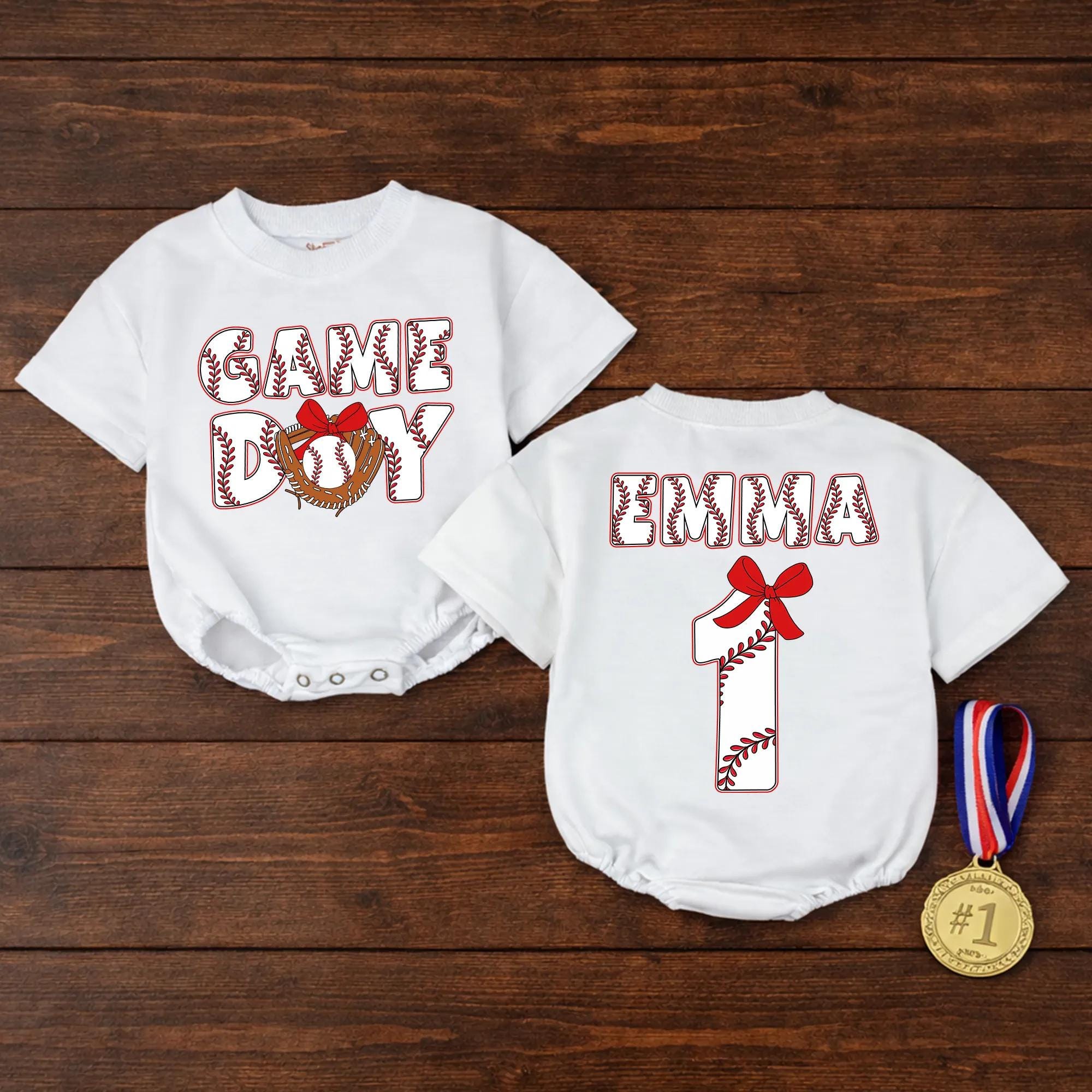 Game Day Baby Girl Bubble Romper with Bow and Custom Name, Baseball-Themed Newborn Outfit, Personalized Opening Day Gift