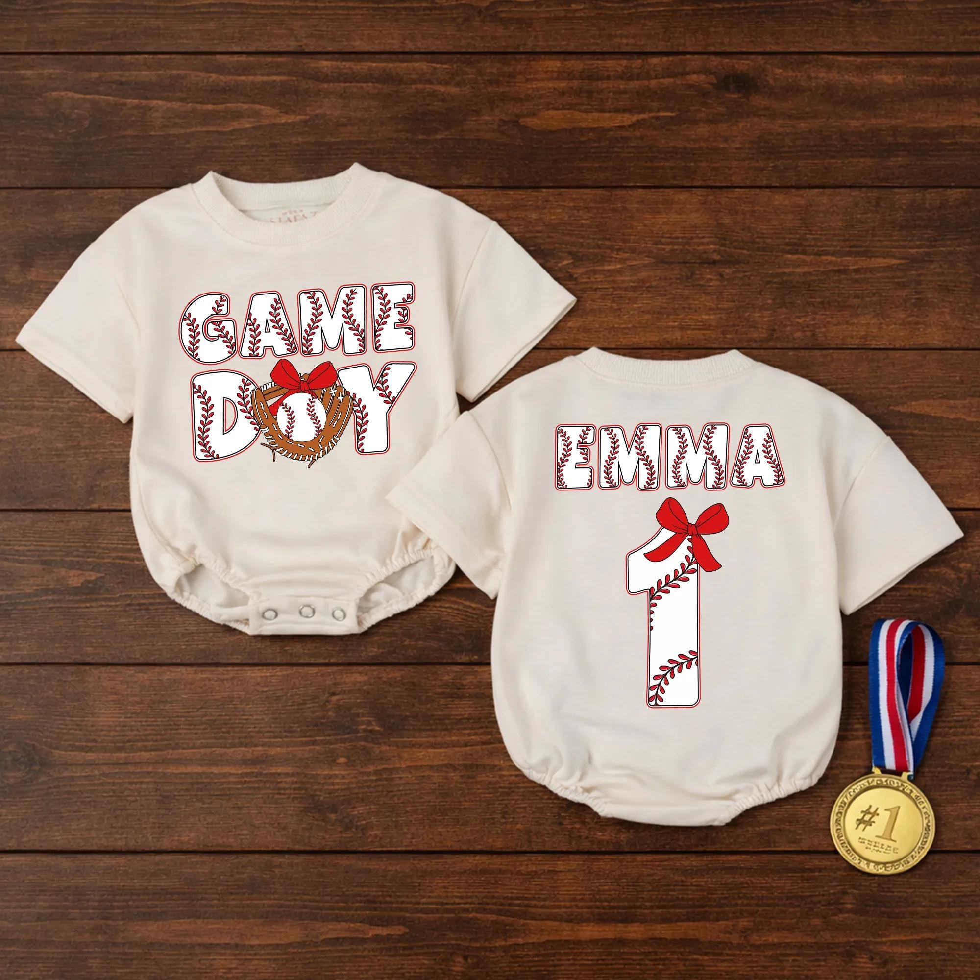 Game Day Baby Girl Bubble Romper with Bow and Custom Name, Baseball-Themed Newborn Outfit, Personalized Opening Day Gift