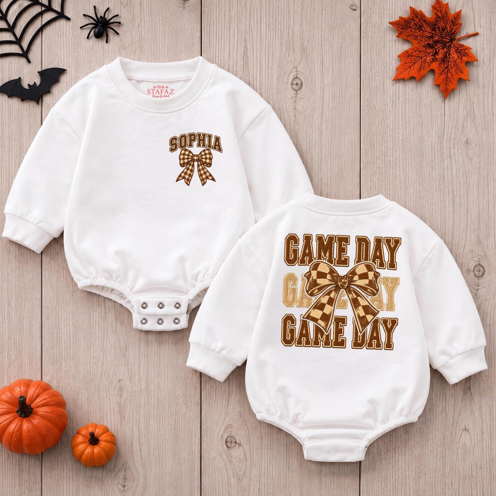 Game Day Baby Girl Romper with Cheer Bow Graphic and Custom Name, Football Season Outfit for Infants, Fall Baby Shower Gift