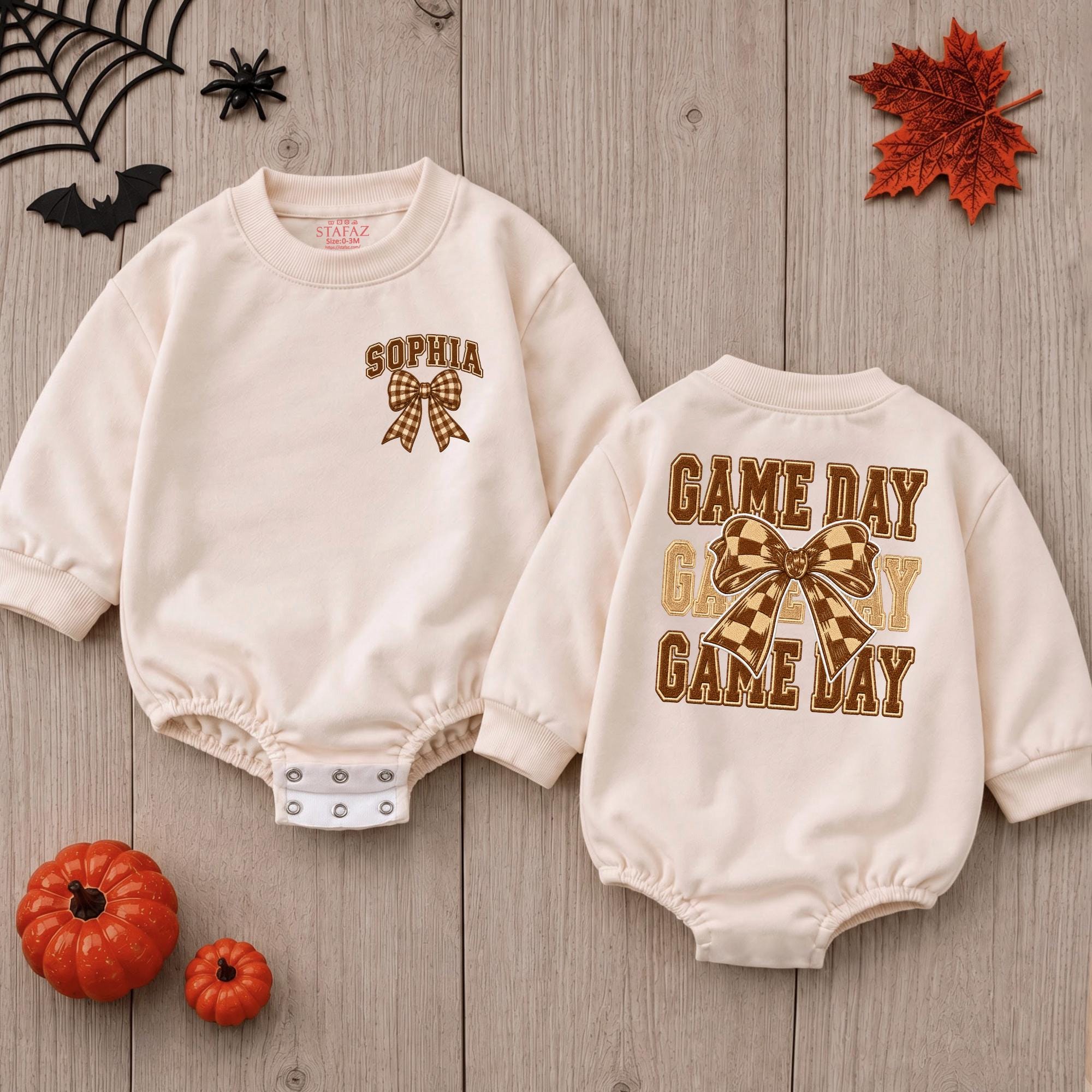 Game Day Baby Girl Romper with Cheer Bow Graphic and Custom Name, Football Season Outfit for Infants, Fall Baby Shower Gift