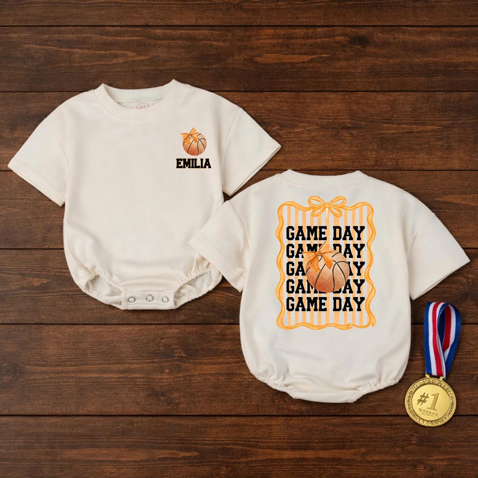 Game Day Baby Romper with Basketball Graphic and Custom Name, Personalized Newborn Outfit for Sports Fans, Baby Shower Gift Idea