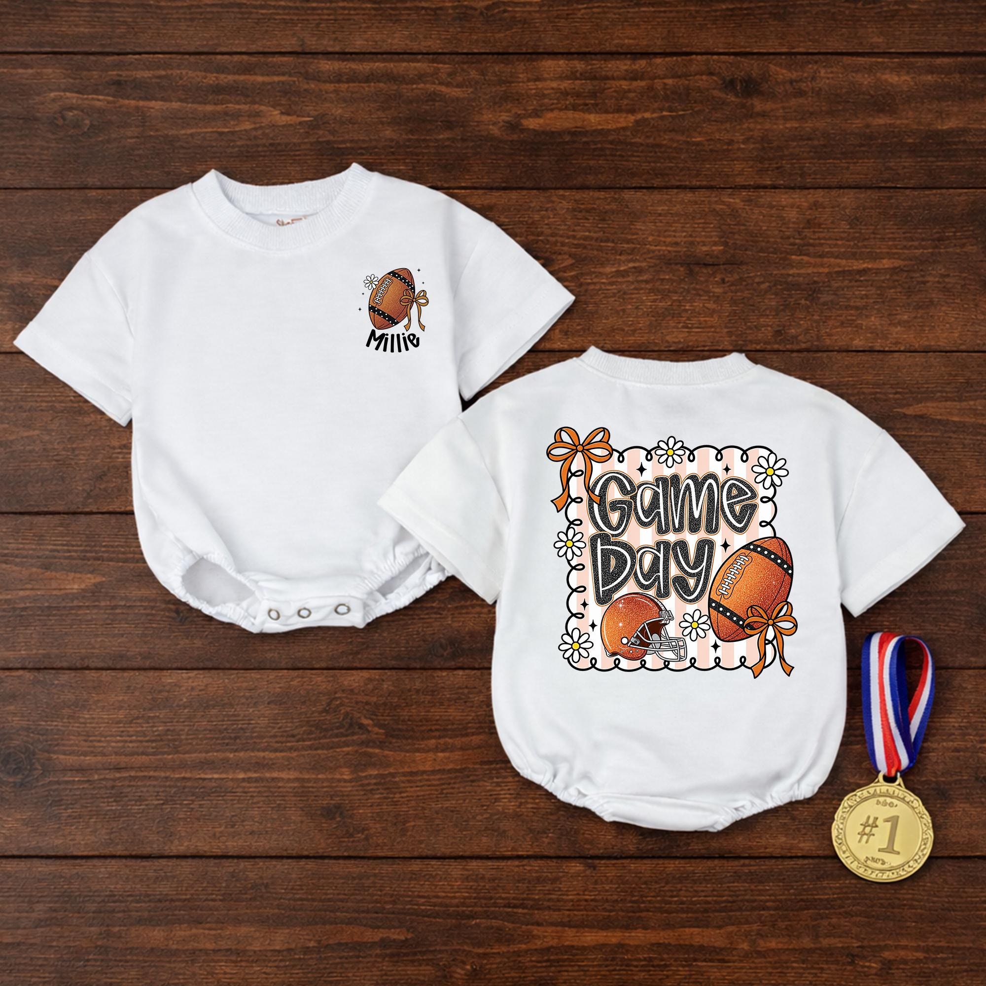 Game Day Baby Romper with Football Artwork and Custom Name, Cute Outfit for Girls, Perfect for Tailgates and Family Sports Events
