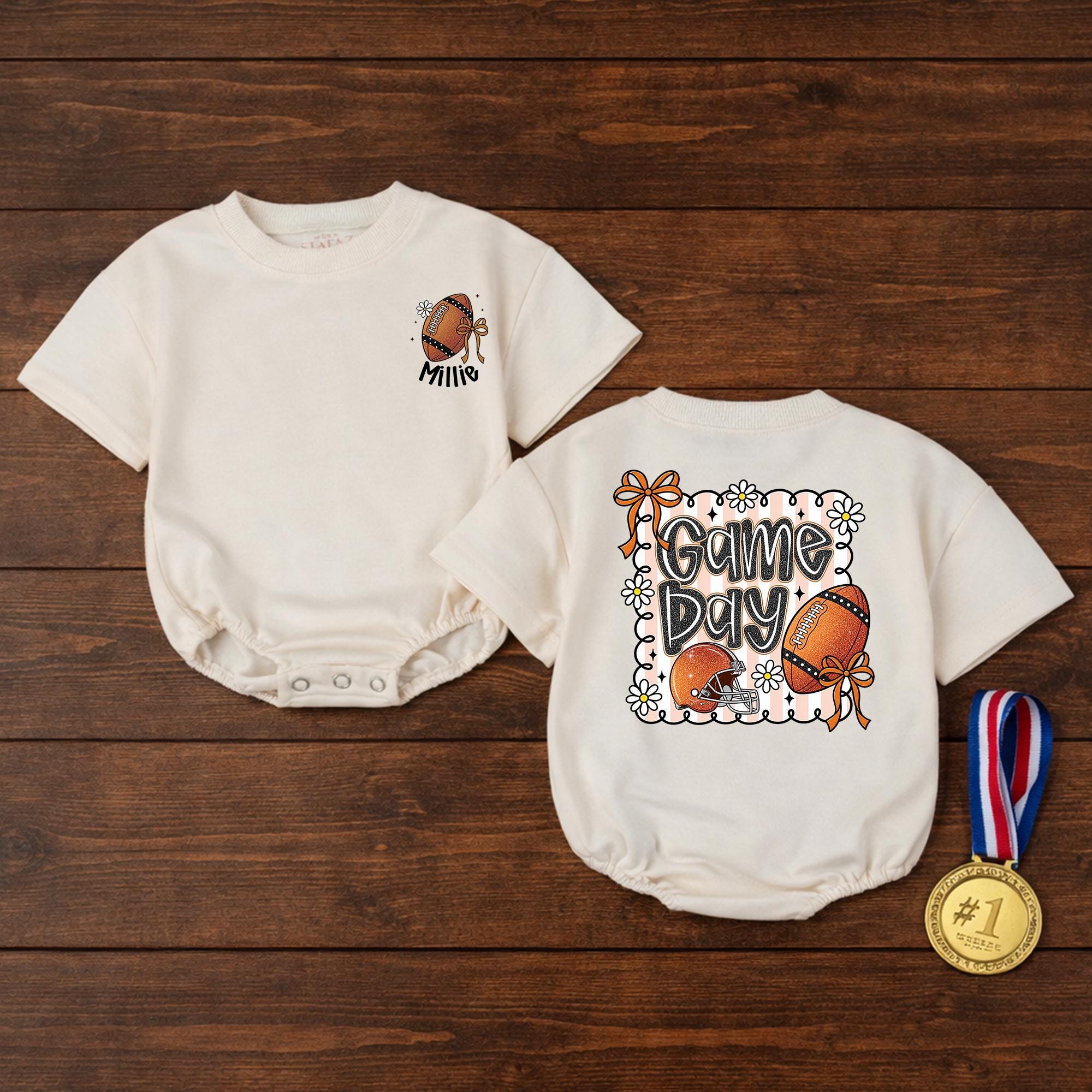 Game Day Baby Romper with Football Artwork and Custom Name, Cute Outfit for Girls, Perfect for Tailgates and Family Sports Events