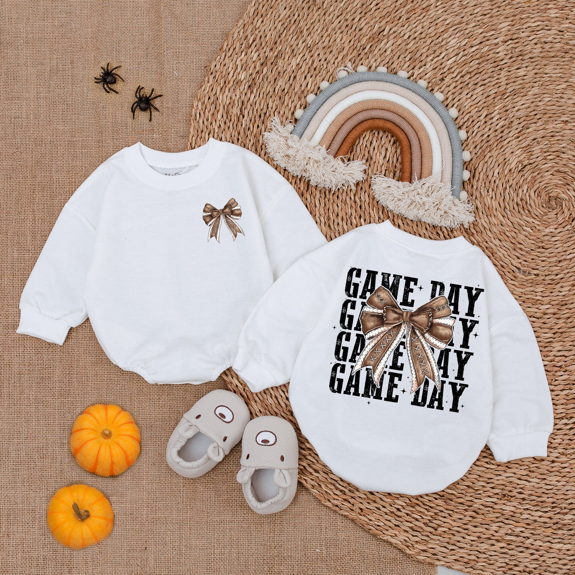 Game Day Baby Romper with Metallic Bow Toddler Football Outfit Soft Cotton Birthday Gift Sporty Infant Jumpsuit Chic Sport Design