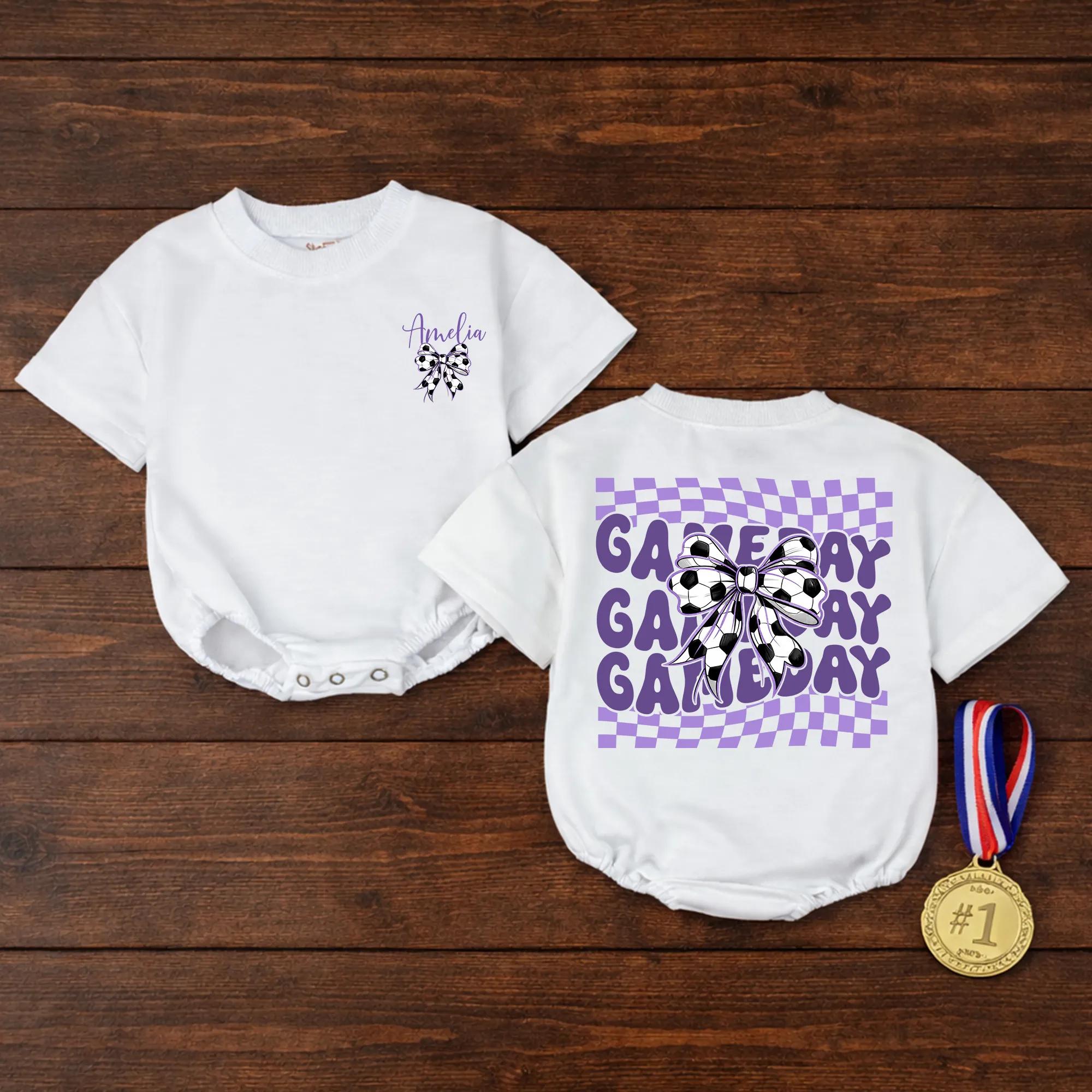 Game Day Baby Romper with Soccer Bow Design and Custom Name, Purple Checkered Infant Outfit for Sports Fans