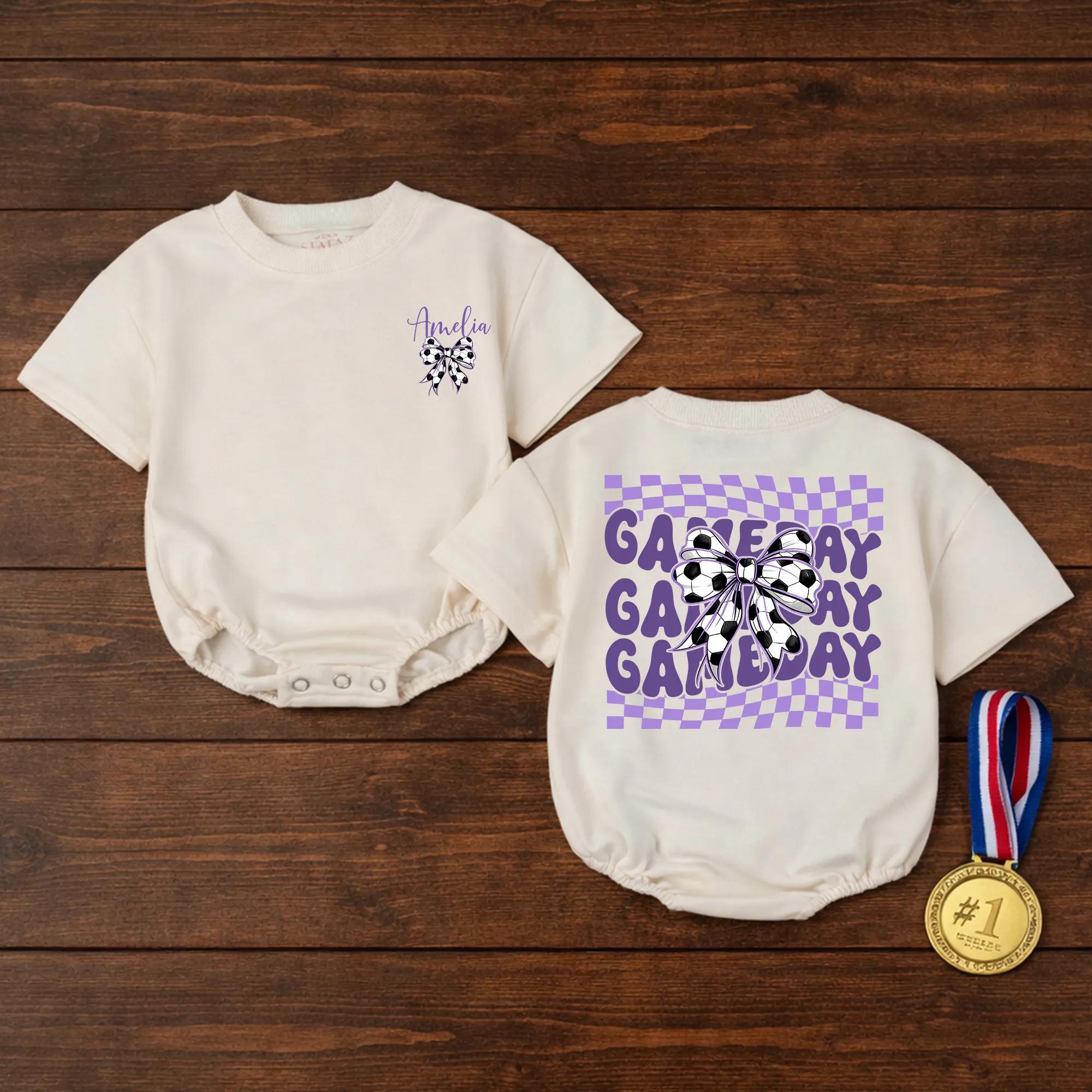 Game Day Baby Romper with Soccer Bow Design and Custom Name, Purple Checkered Infant Outfit for Sports Fans
