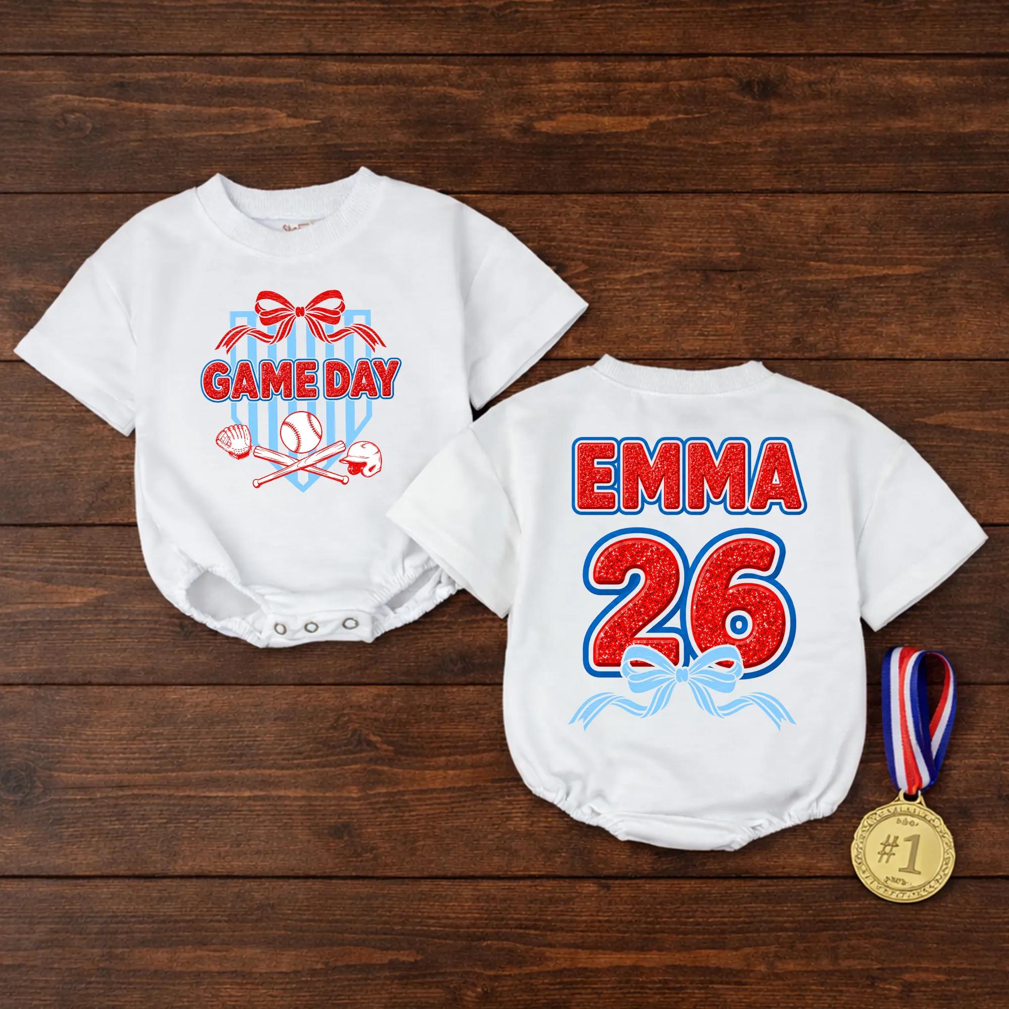 Game Day Baseball Baby Bubble Romper with Bow Graphic and Custom Name, Matching Family Outfit for Sports Fans