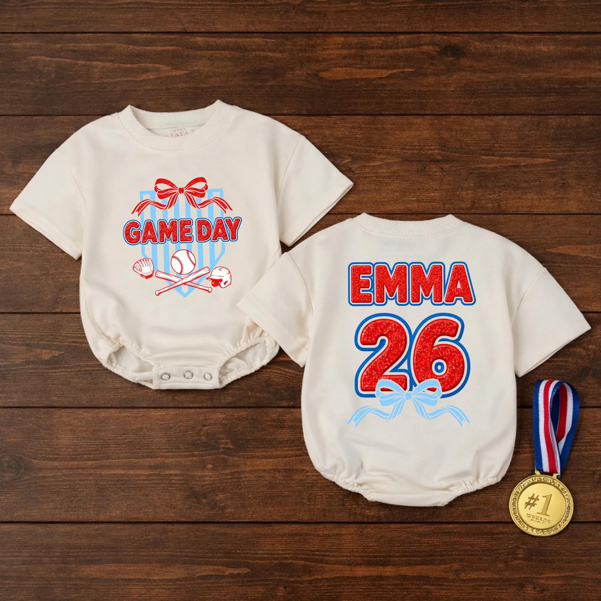 Game Day Baseball Baby Bubble Romper with Bow Graphic and Custom Name, Matching Family Outfit for Sports Fans