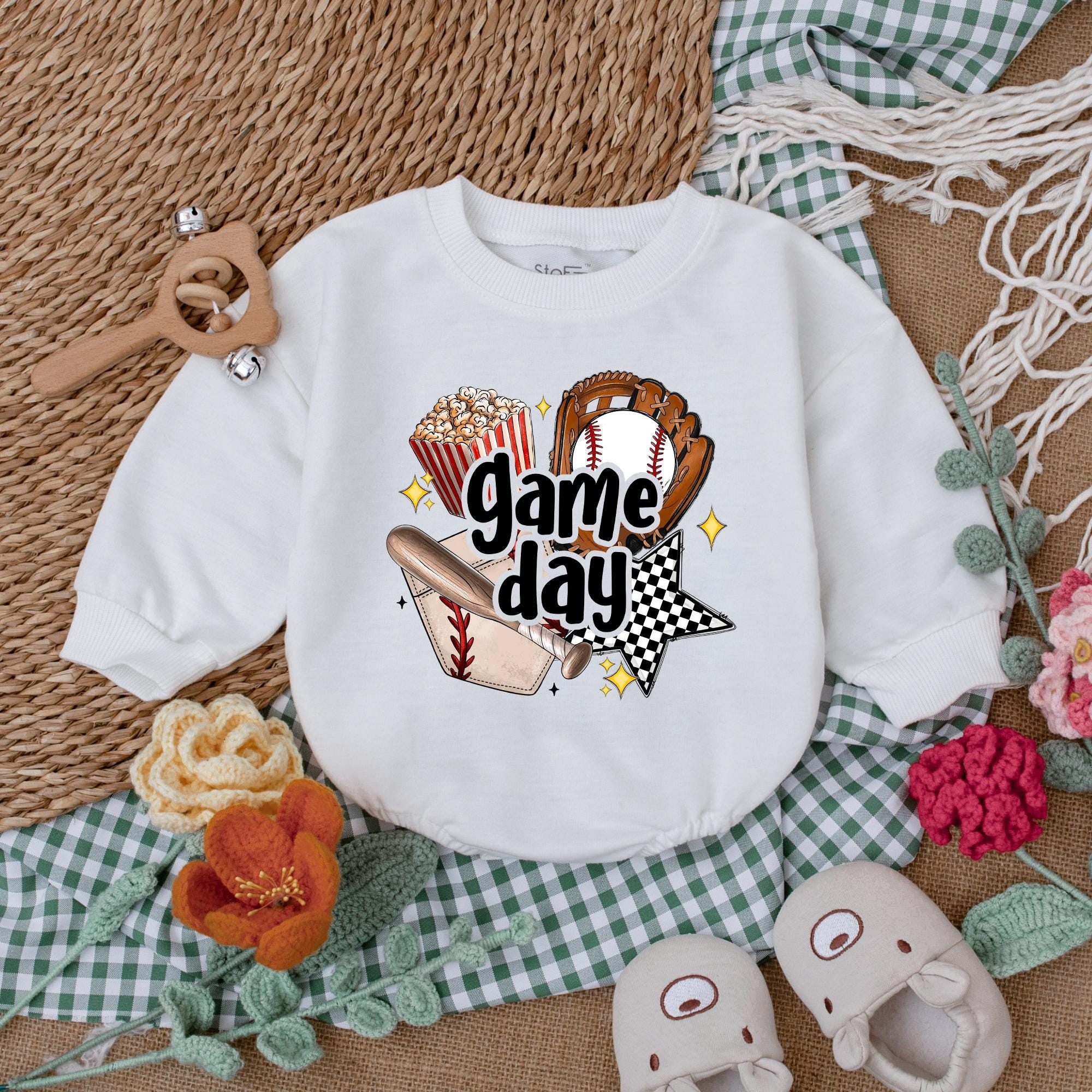 Game Day Baseball Baby Romper Soft Cotton Outfit for Infant Boy Baseball Season Fun Gift with Glove Bat Popcorn Design