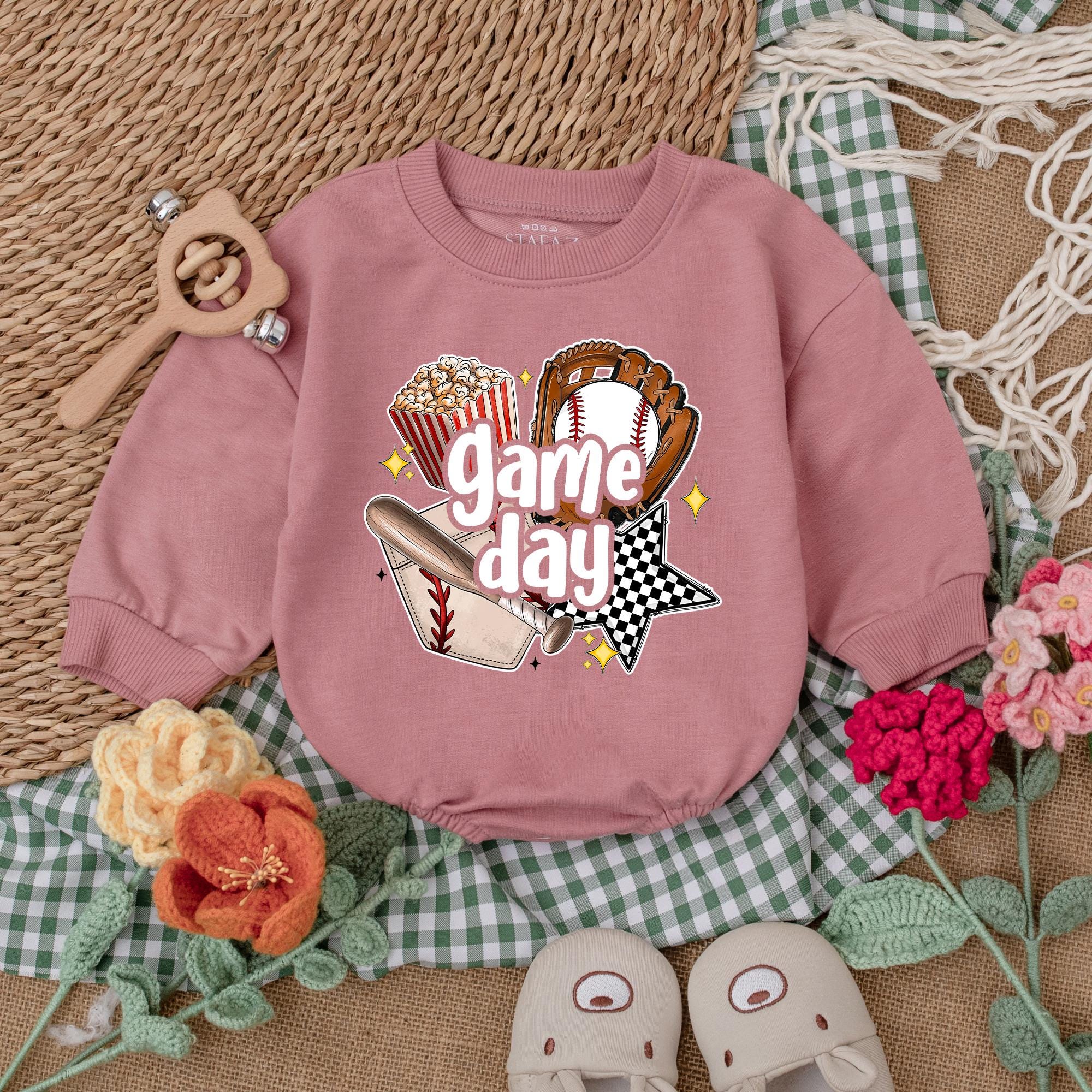 Game Day Baseball Baby Romper Soft Cotton Outfit for Infant Boy Baseball Season Fun Gift with Glove Bat Popcorn Design