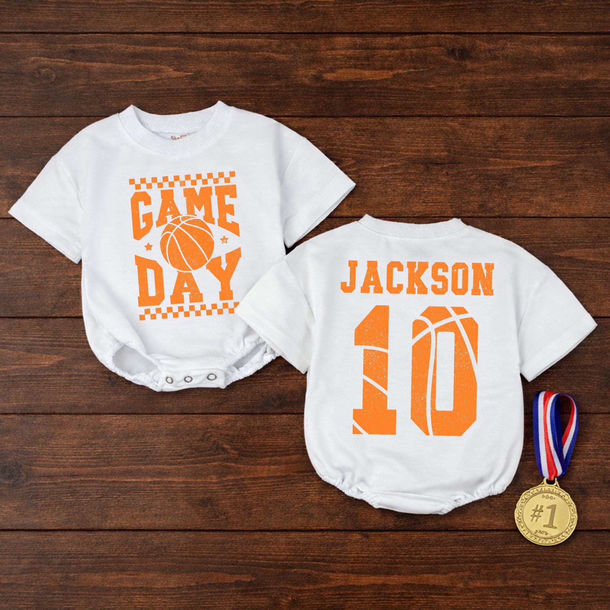 Game Day Basketball Baby Bubble Romper with Custom Name & Jersey Number, Newborn Sports Fan Outfit for Milestone Photos