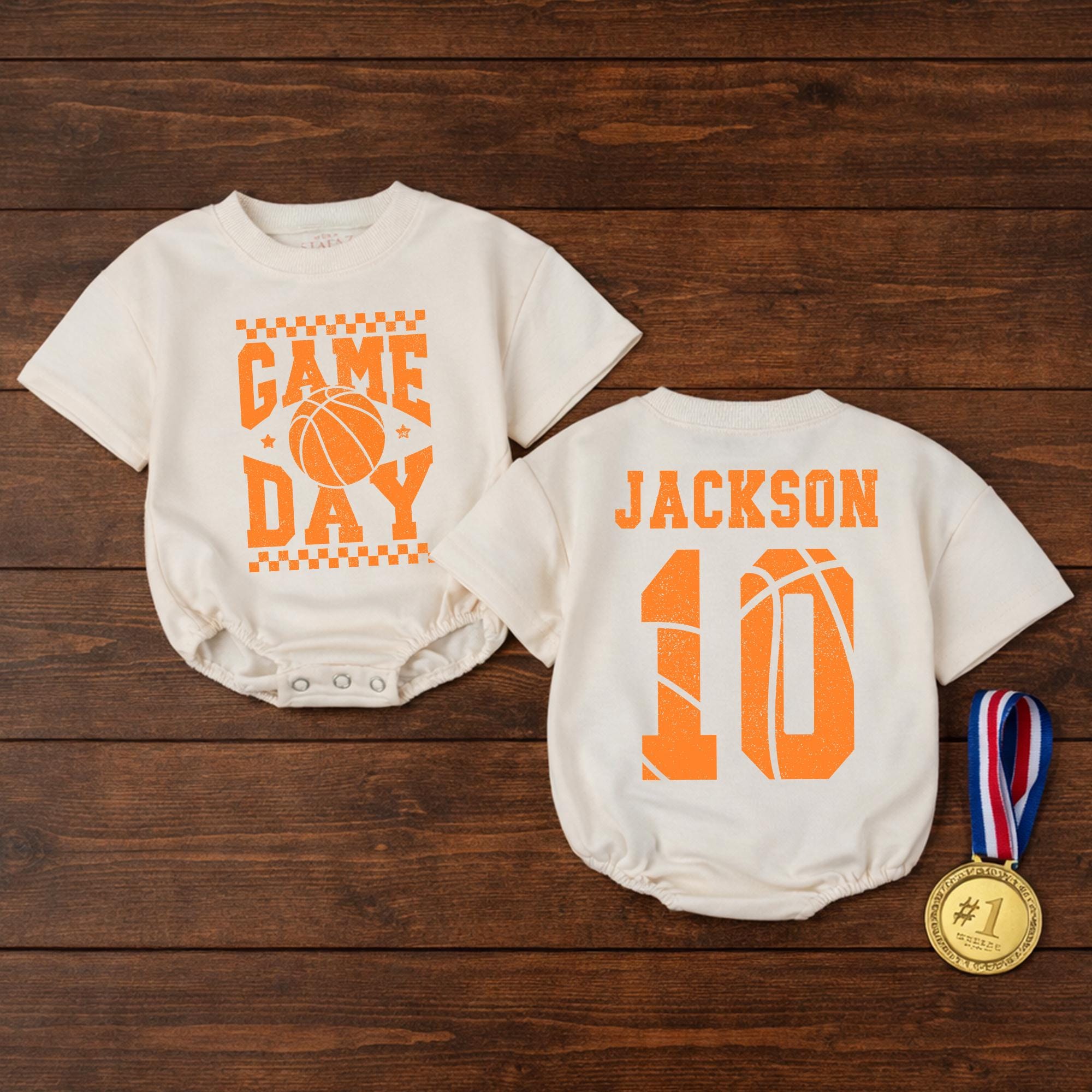 Game Day Basketball Baby Bubble Romper with Custom Name & Jersey Number, Newborn Sports Fan Outfit for Milestone Photos