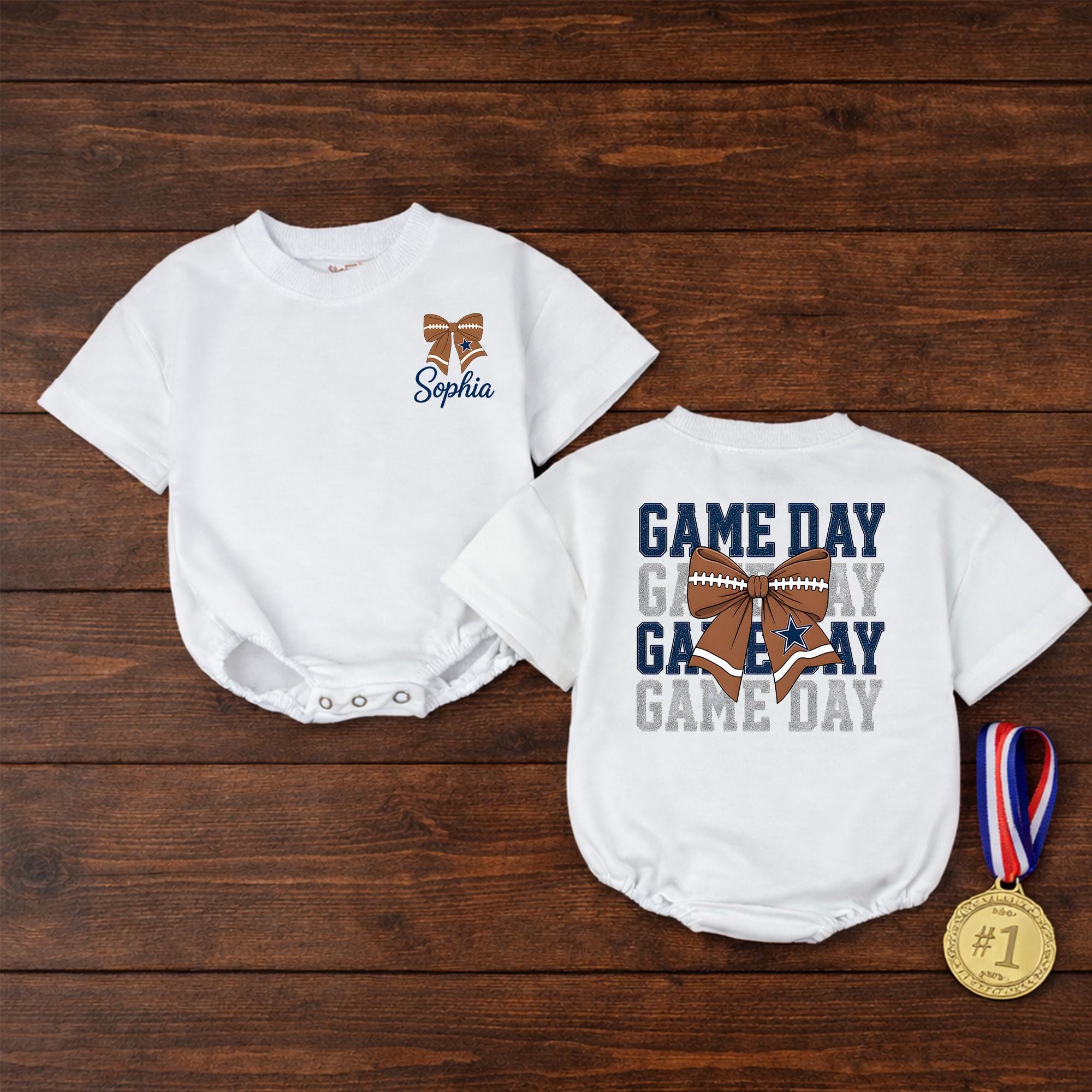 Game Day Football Baby Romper with Bow and Custom Name, Fall Sports Infant Outfit, Personalized Baby Shower Gift for Girls
