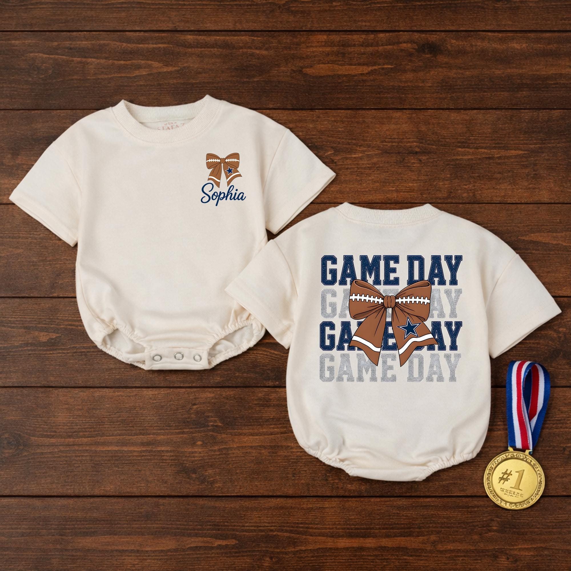 Game Day Football Baby Romper with Bow and Custom Name, Fall Sports Infant Outfit, Personalized Baby Shower Gift for Girls
