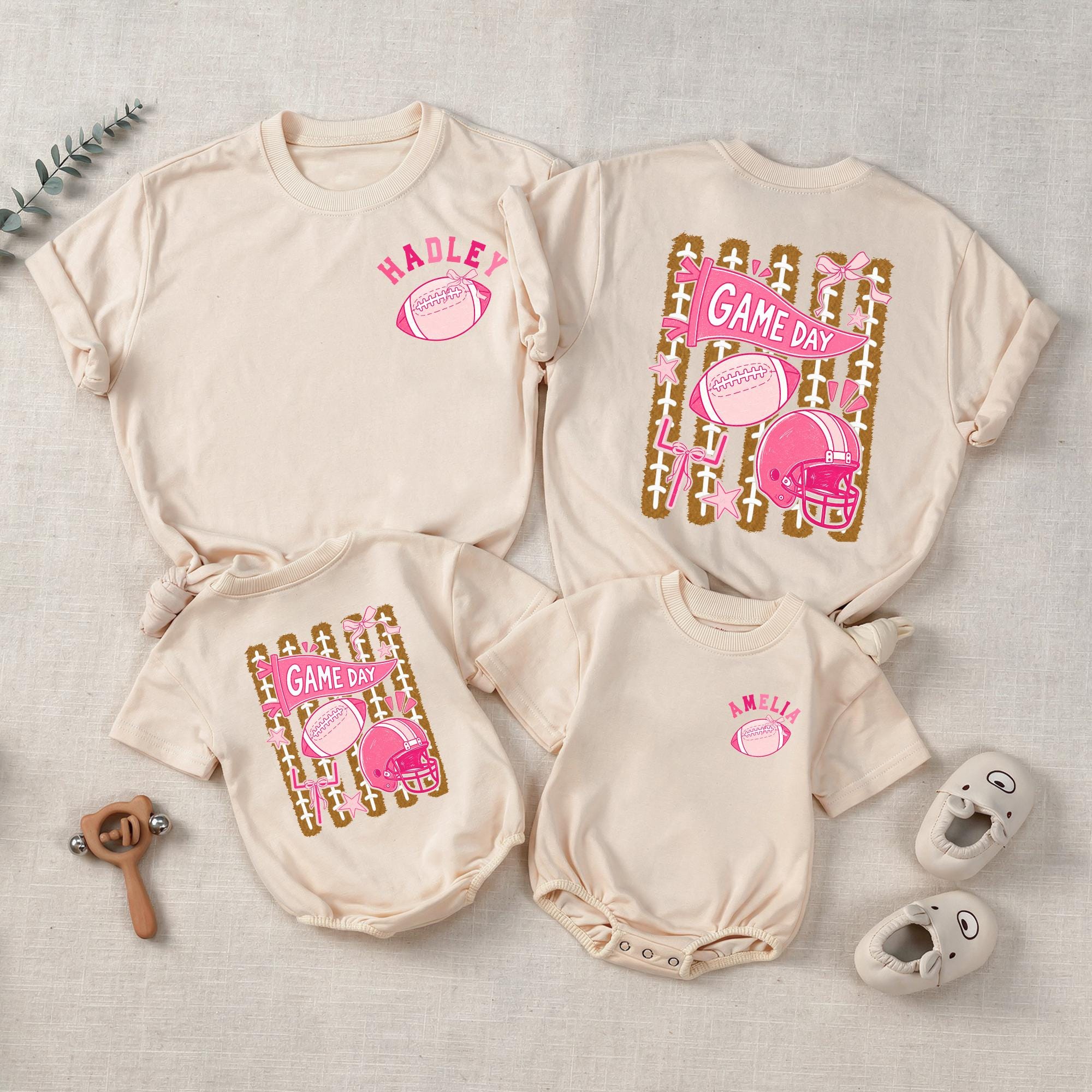 Game Day Football Family Matching Outfits with Custom Names, Girly Pink Helmet Baby Romper and Mama Shirt for Sports Fans