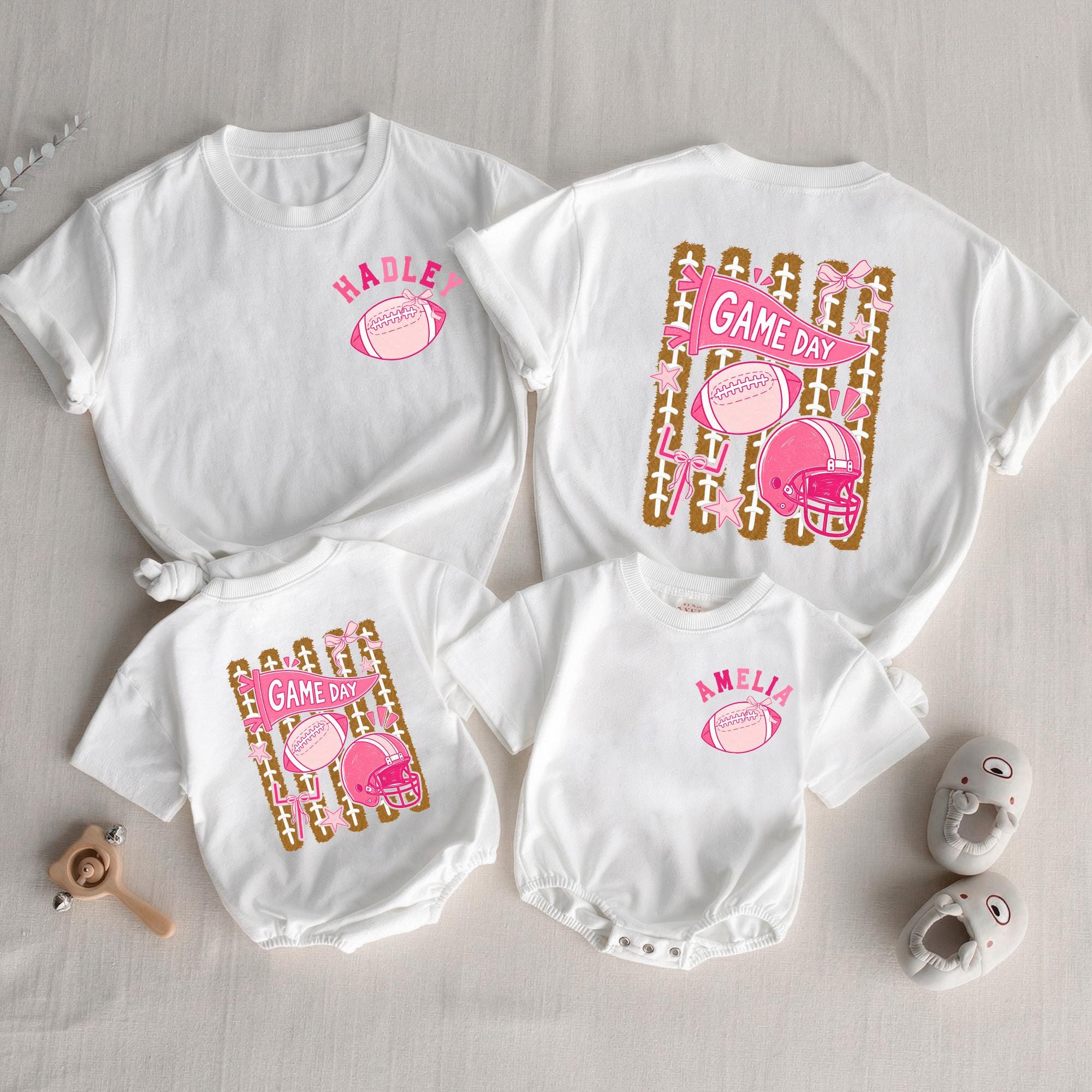 Game Day Football Family Matching Outfits with Custom Names, Girly Pink Helmet Baby Romper and Mama Shirt for Sports Fans