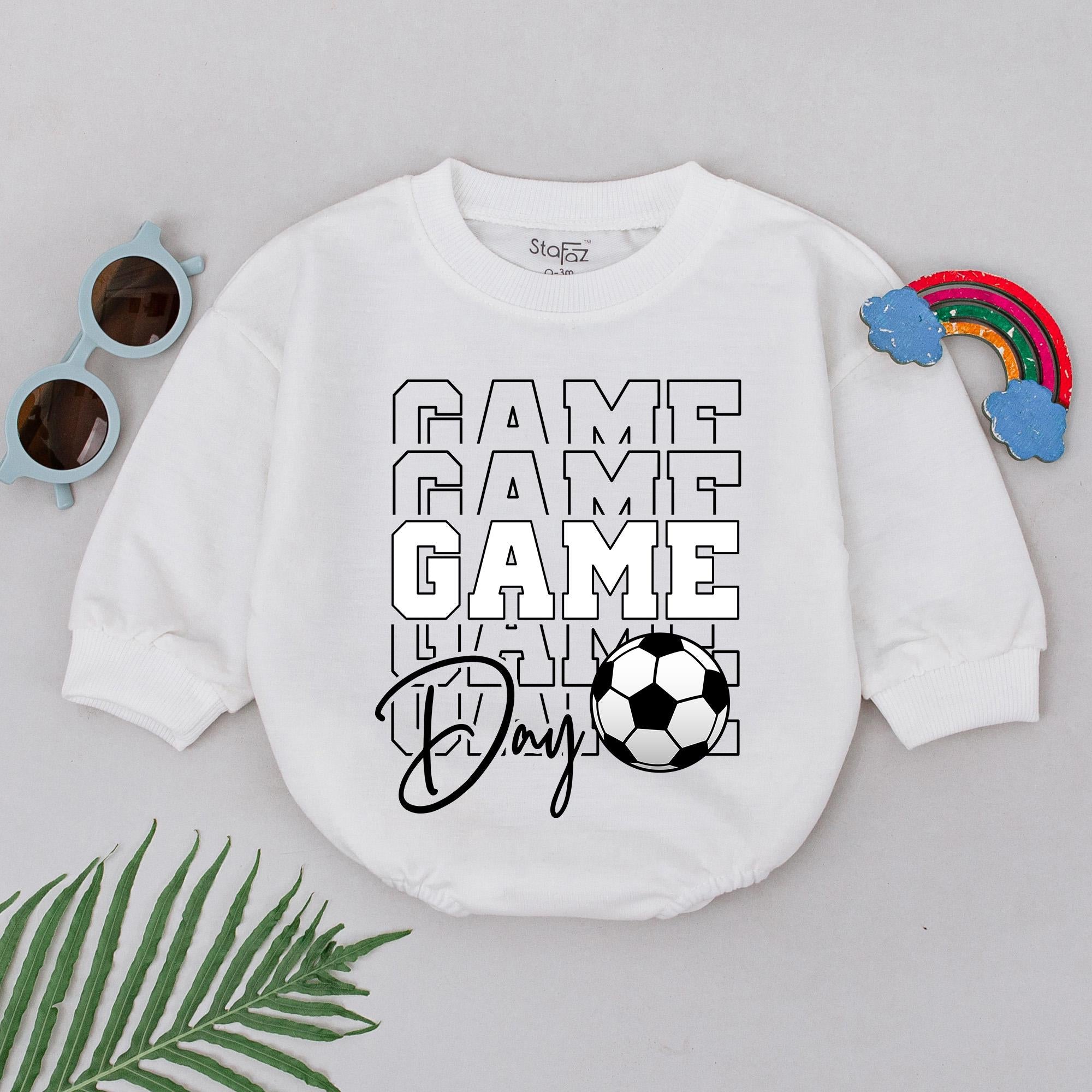 Game Day Soccer Romper for Baby Boys with Bold 'GAME' Design Comfortable Outfit for Father's Day Retro Style with Soccer Ball Graphic