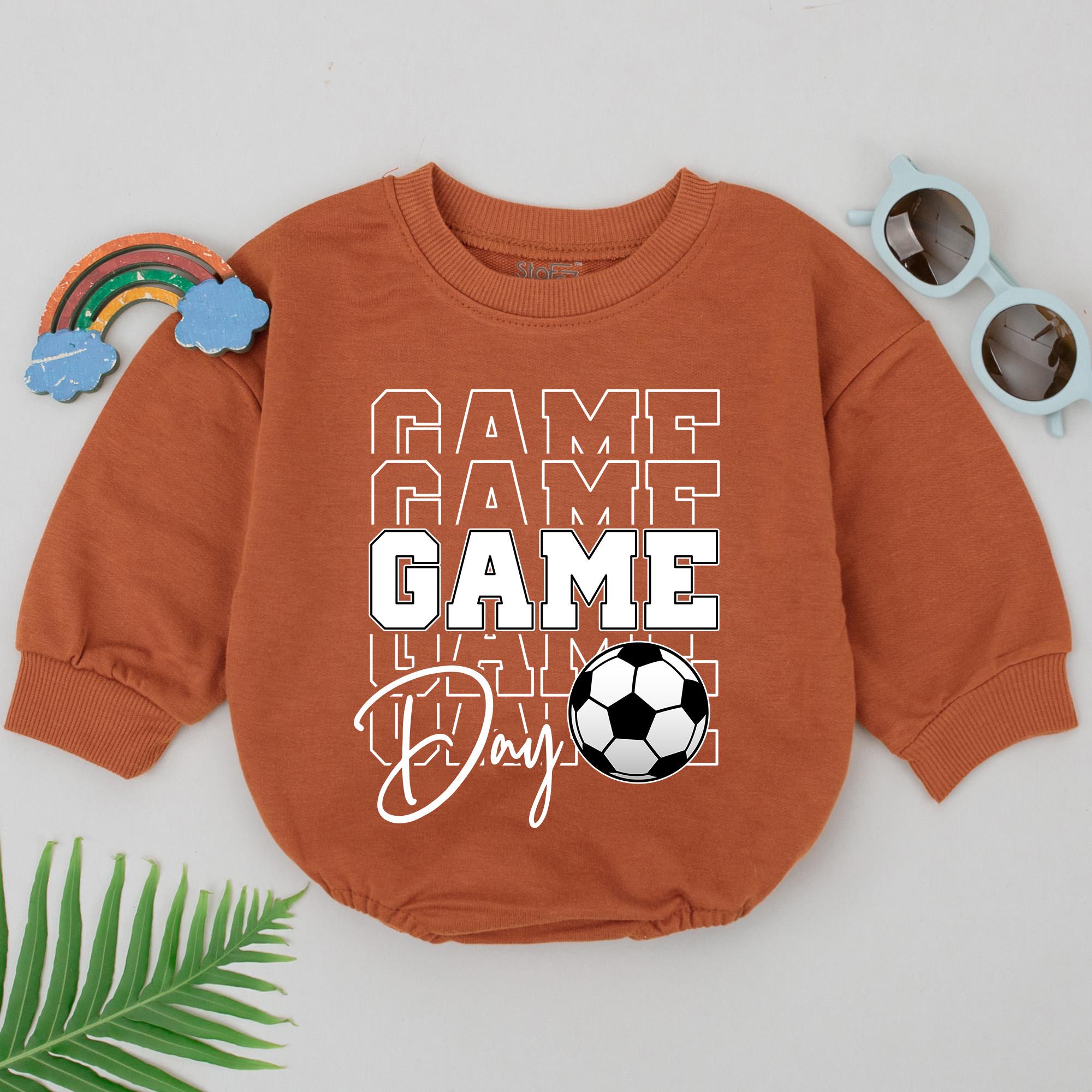 Game Day Soccer Romper for Baby Boys with Bold 'GAME' Design Comfortable Outfit for Father's Day Retro Style with Soccer Ball Graphic