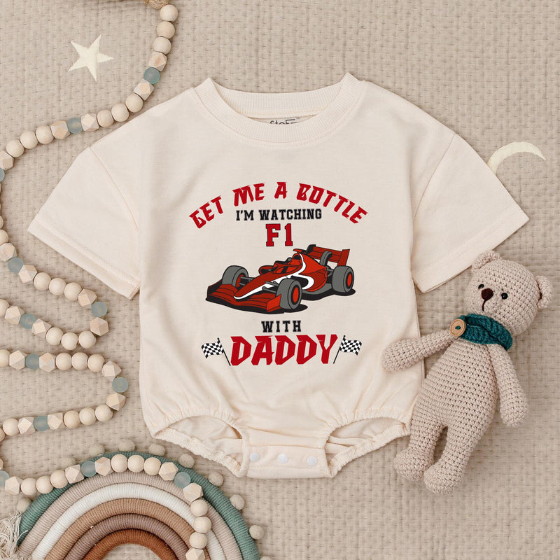 Get Me a Bottle I'm Watching F1 Baby Romper, Cute Formula One Outfit, Racing Infant Clothes, Red Race Car Design, Fun for Race Day