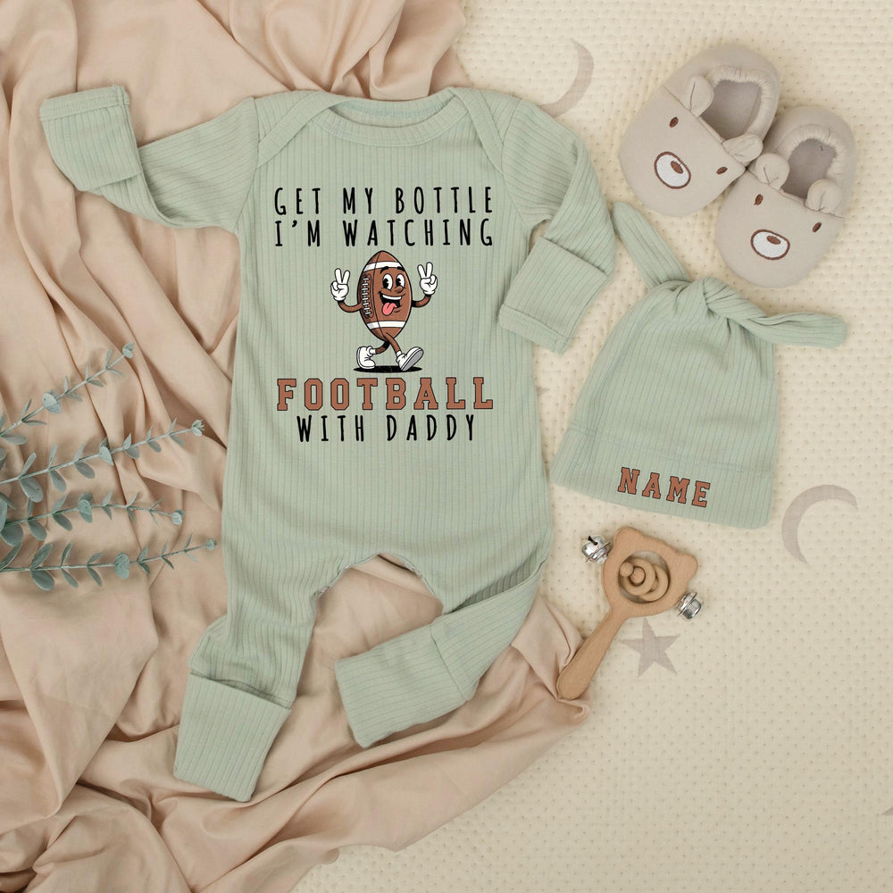 Get My Bottle I'm Watching Football with Daddy Baby Bodysuit Funny Game Day Outfit for Infants Soft Cotton Sports Baby Shower Gift