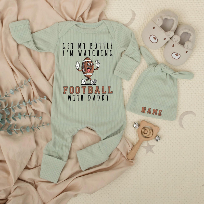 Get My Bottle I'm Watching Football with Daddy Baby Bodysuit Funny Game Day Outfit for Infants Soft Cotton Sports Baby Shower Gift