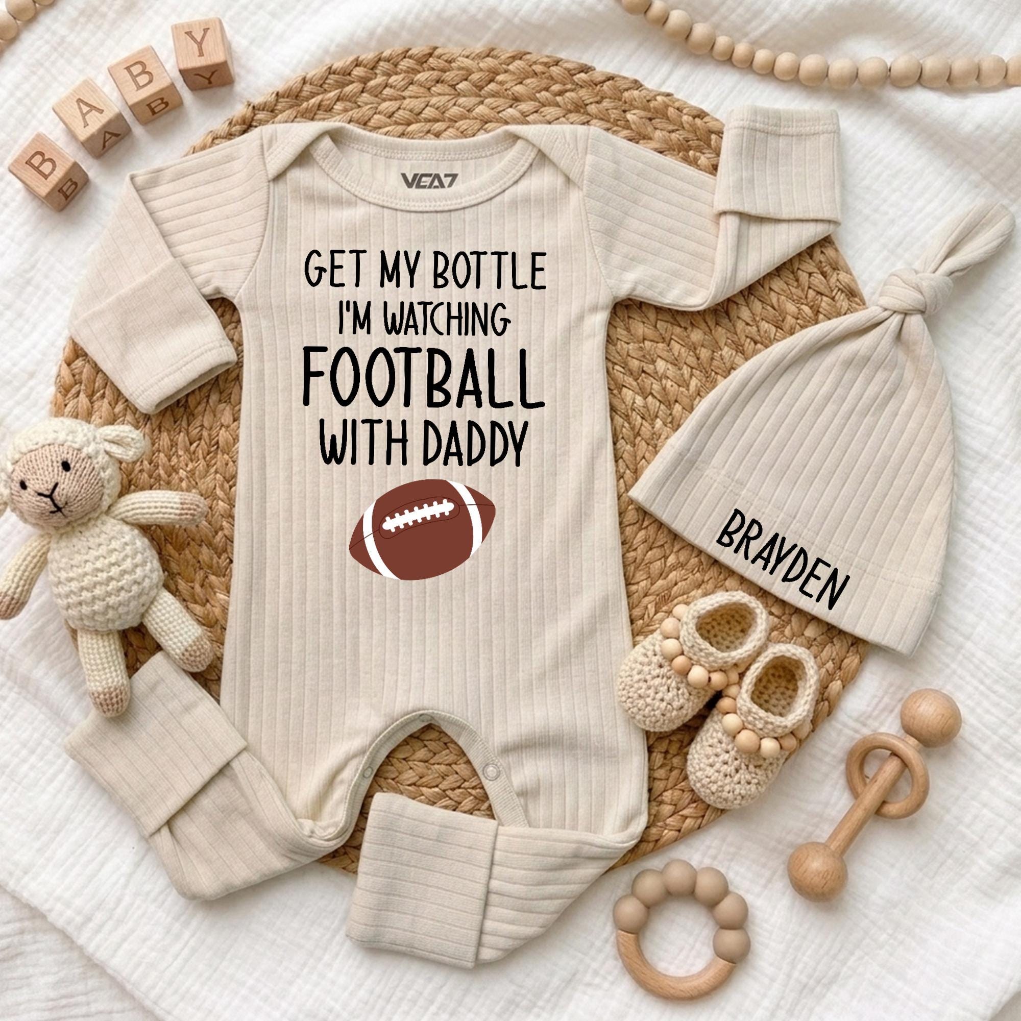 Get My Bottle I'm Watching Football with Daddy Baby Bodysuit and Custom Name Hat, Funny Game Day Newborn Outfit, Sports Baby Gift