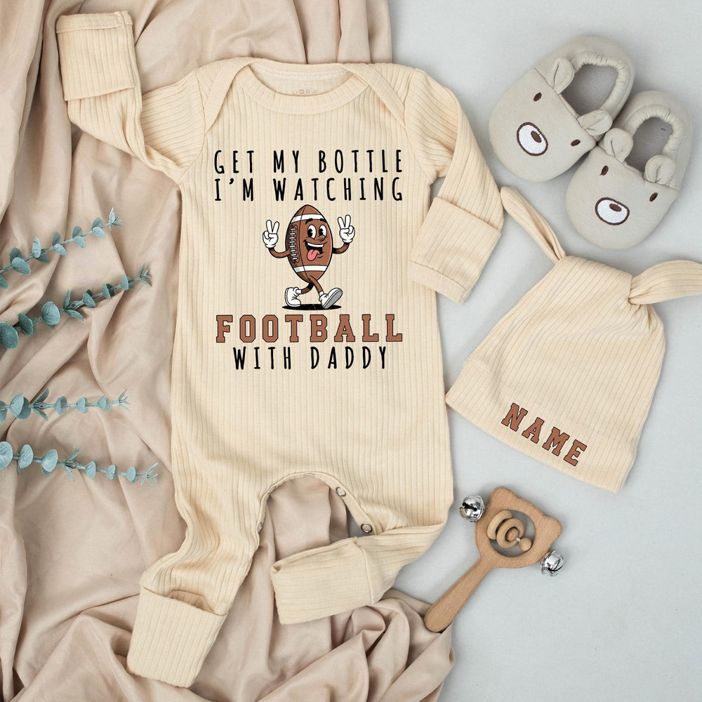 Get My Bottle I'm Watching Football with Daddy Baby Bodysuit Funny Game Day Outfit for Infants Soft Cotton Sports Baby Shower Gift