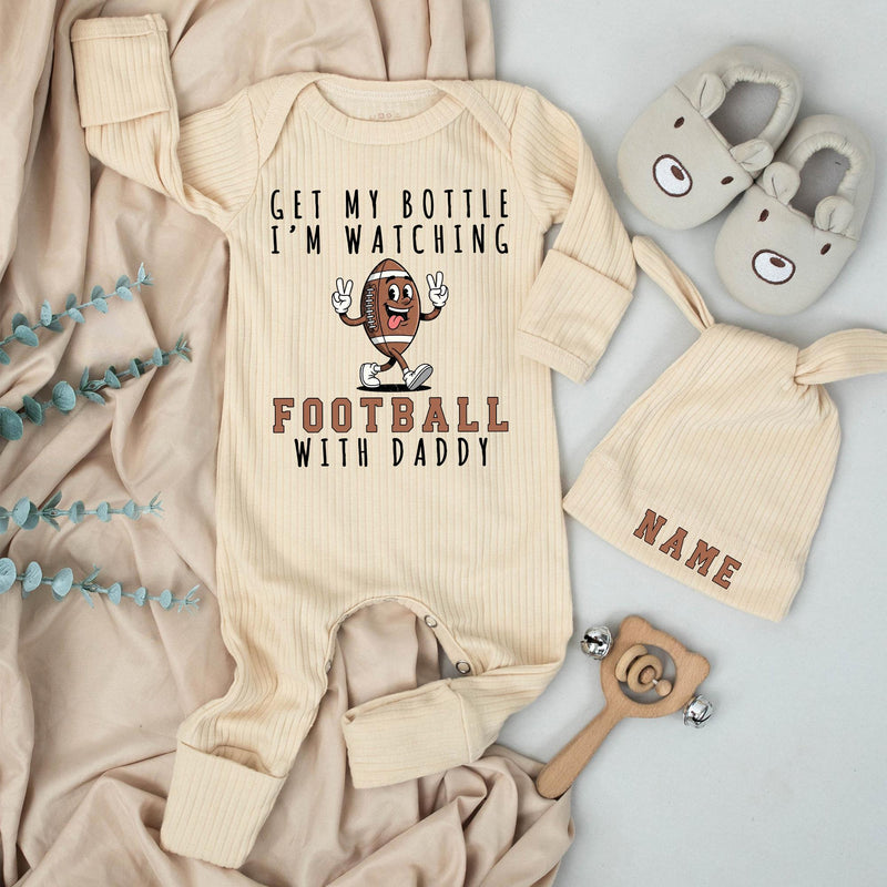 Get My Bottle I'm Watching Football with Daddy Baby Bodysuit Funny Game Day Outfit for Infants Soft Cotton Sports Baby Shower Gift