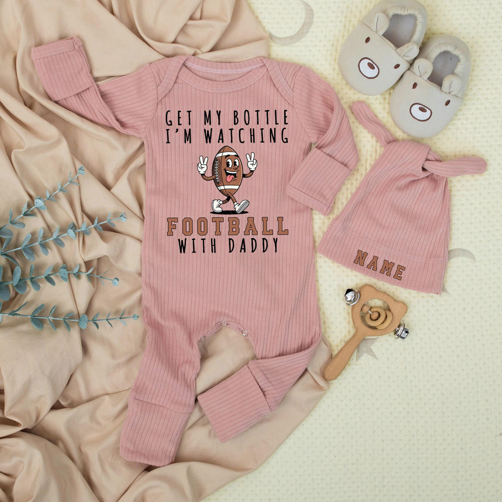Get My Bottle I'm Watching Football with Daddy Baby Bodysuit Funny Game Day Outfit for Infants Soft Cotton Sports Baby Shower Gift