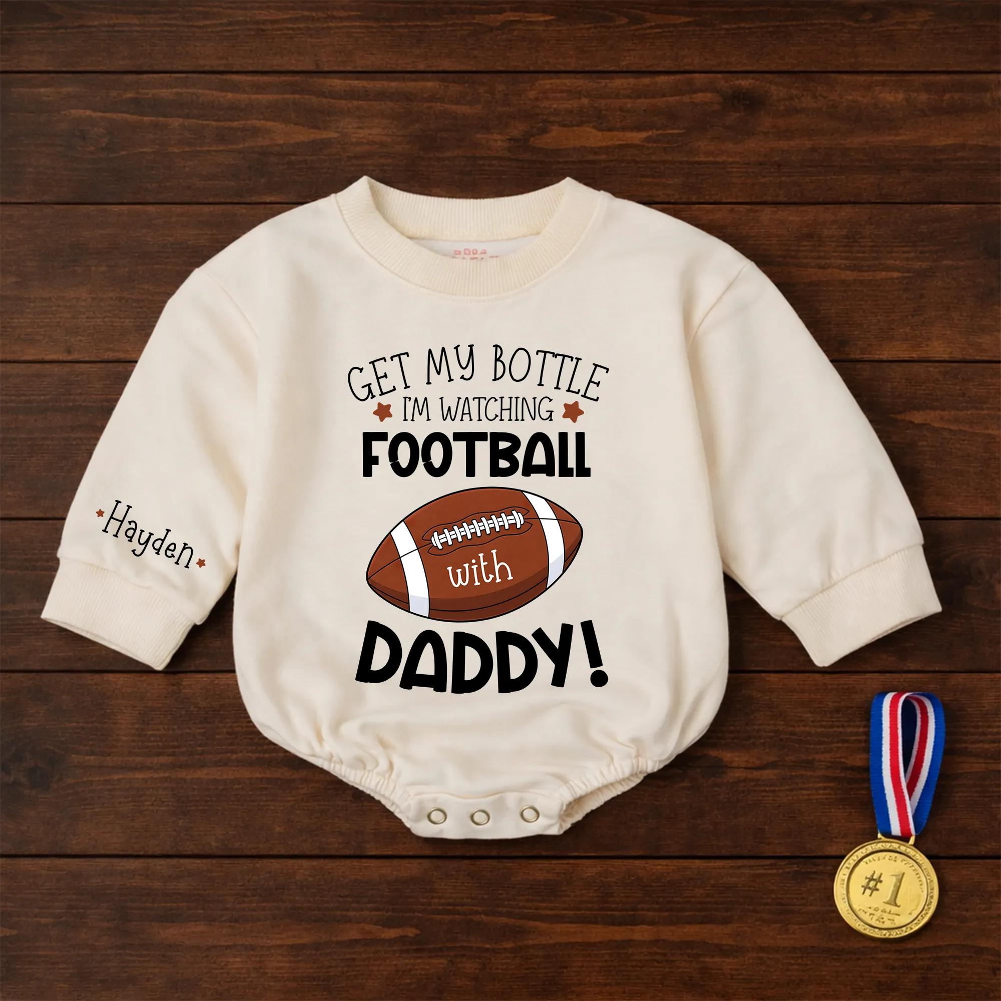 Get My Bottle I'm Watching Football with Daddy Baby Romper, Personalized Name Infant Outfit, Game Day Baby Shower Gift