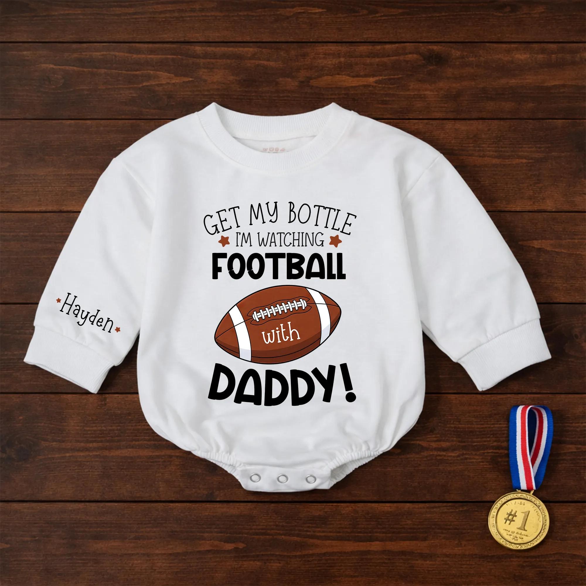 Get My Bottle I'm Watching Football with Daddy Baby Romper, Personalized Name Infant Outfit, Game Day Baby Shower Gift