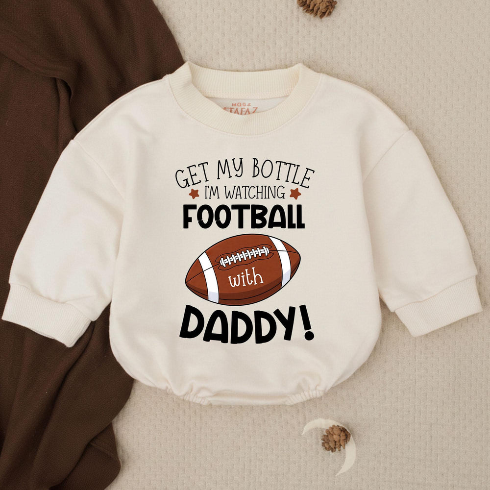 Get My Bottle I’m Watching Football With Daddy Bubble Romper Baby Boy Outfit for Game Day Infant Bodysuit Toddler Football Clothes