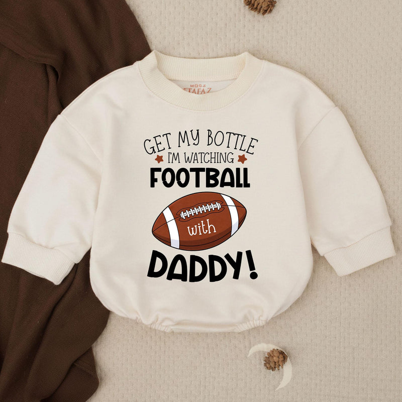 Get My Bottle I’m Watching Football With Daddy Bubble Romper Baby Boy Outfit for Game Day Infant Bodysuit Toddler Football Clothes