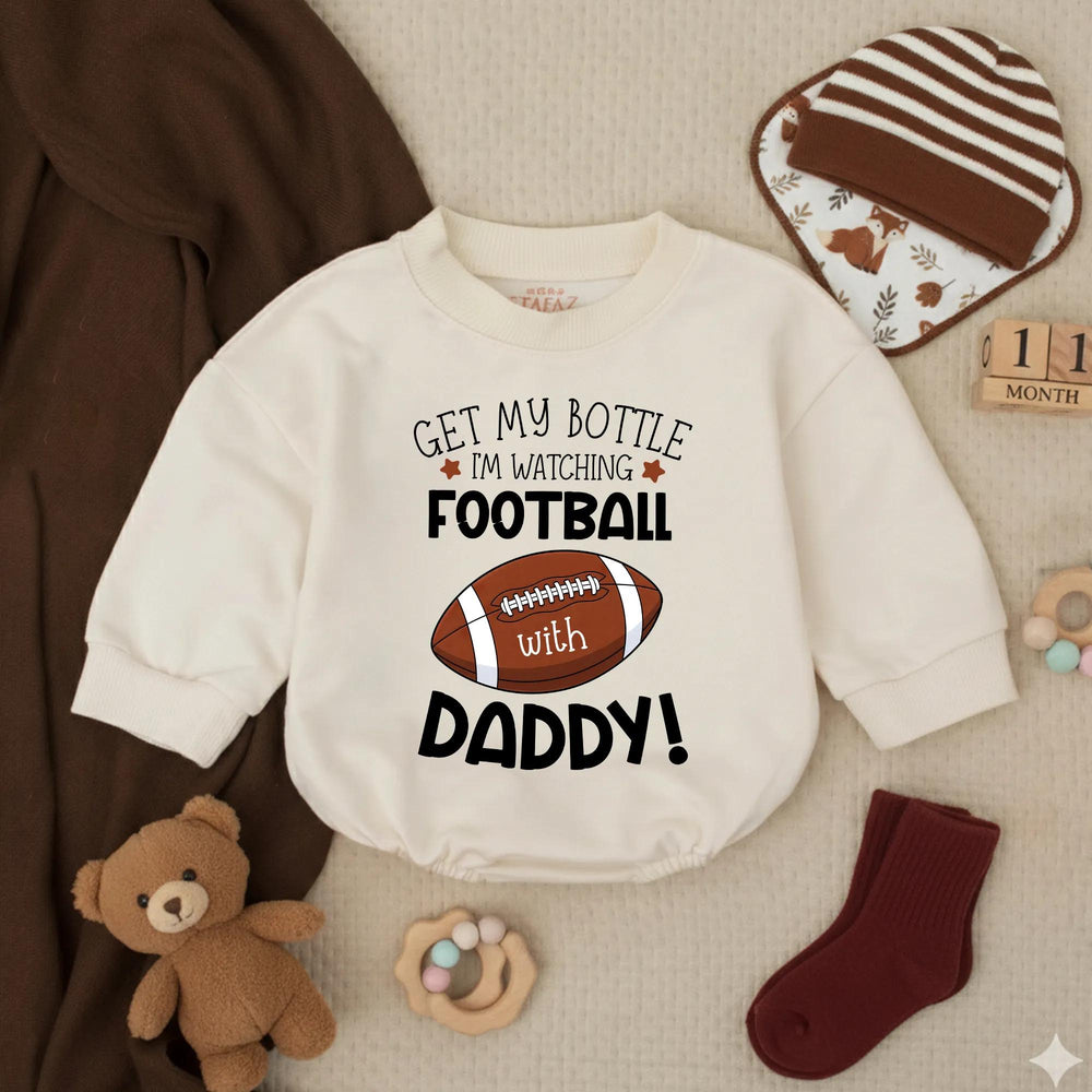 Get My Bottle I’m Watching Football With Daddy Bubble Romper Baby Boy Outfit for Game Day Infant Bodysuit Toddler Football Clothes