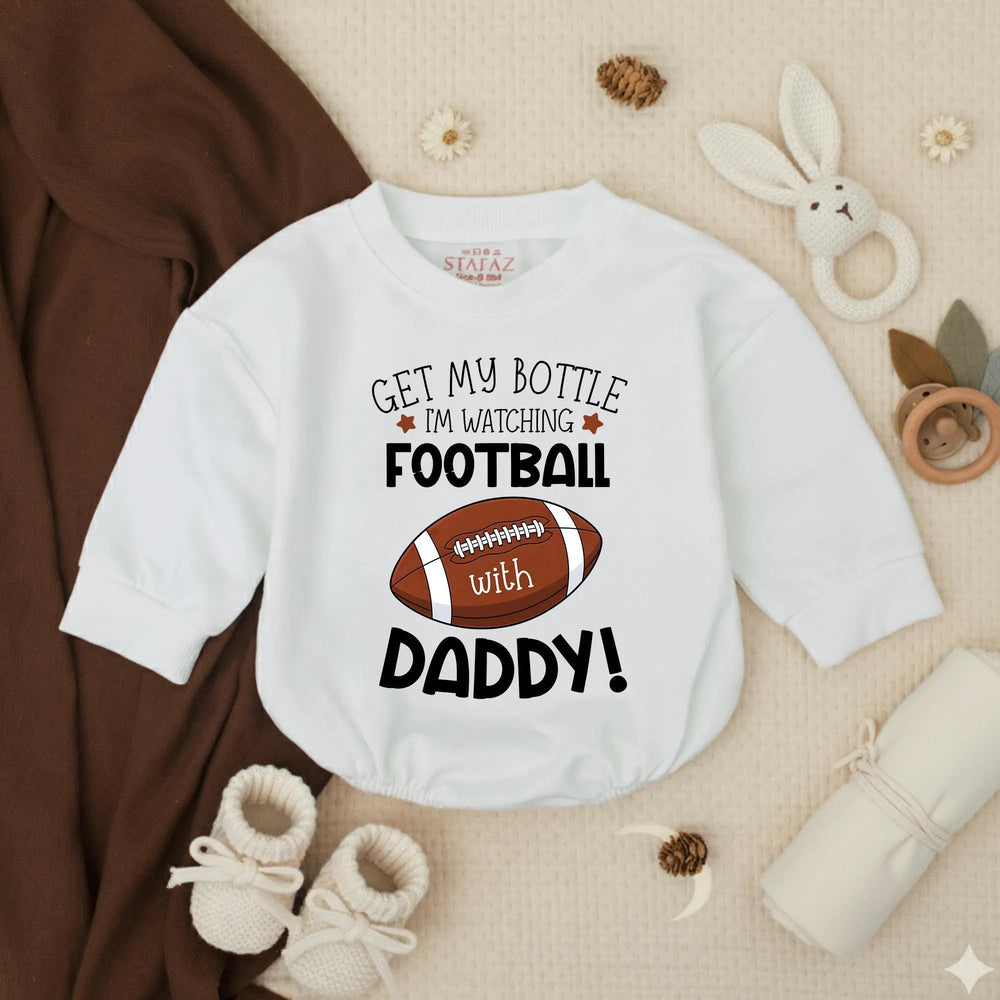 Get My Bottle I’m Watching Football With Daddy Bubble Romper Baby Boy Outfit for Game Day Infant Bodysuit Toddler Football Clothes