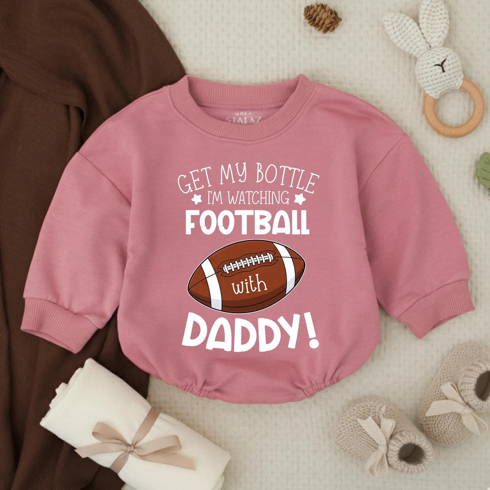 Get My Bottle I’m Watching Football With Daddy Bubble Romper Baby Boy Outfit for Game Day Infant Bodysuit Toddler Football Clothes