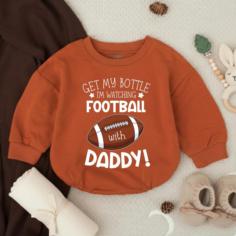 Get My Bottle I’m Watching Football With Daddy Bubble Romper Baby Boy Outfit for Game Day Infant Bodysuit Toddler Football Clothes