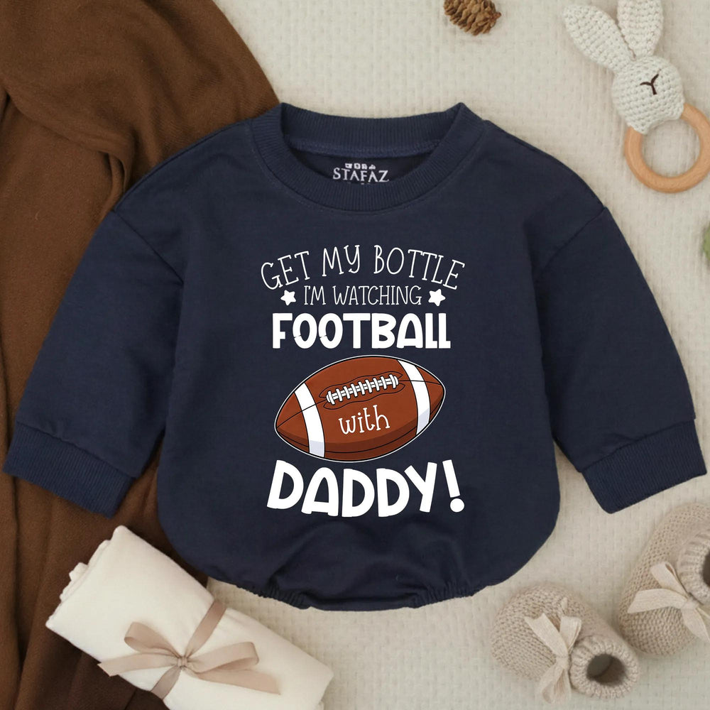 Get My Bottle I’m Watching Football With Daddy Bubble Romper Baby Boy Outfit for Game Day Infant Bodysuit Toddler Football Clothes