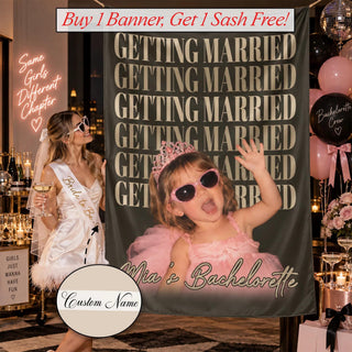 Getting Married Silk Banner with Custom Name, Bachelorette Party Backdrop, Bridal Shower Wedding Decoration, Free Sash Included