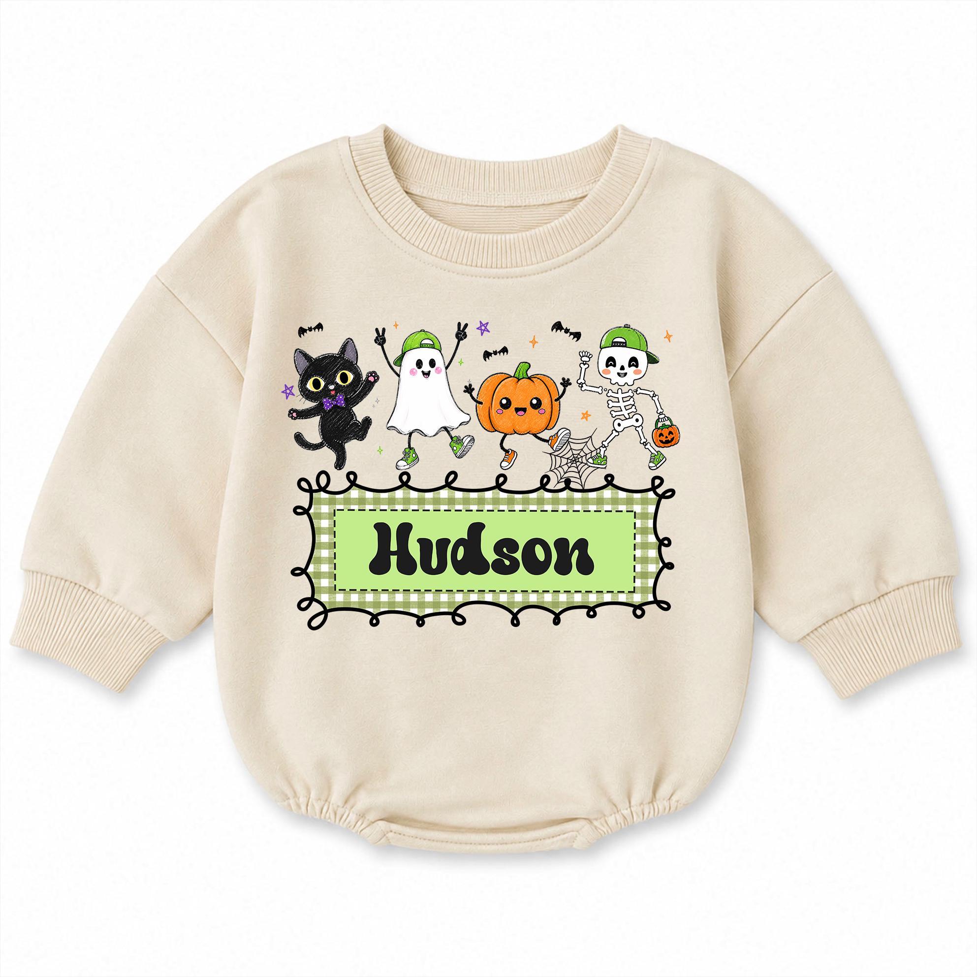 Ghost Pumpkin Halloween Baby Romper with Custom Name, Cute Spooky Character Graphic Infant Outfit for Pumpkin Patch and Fall Photos