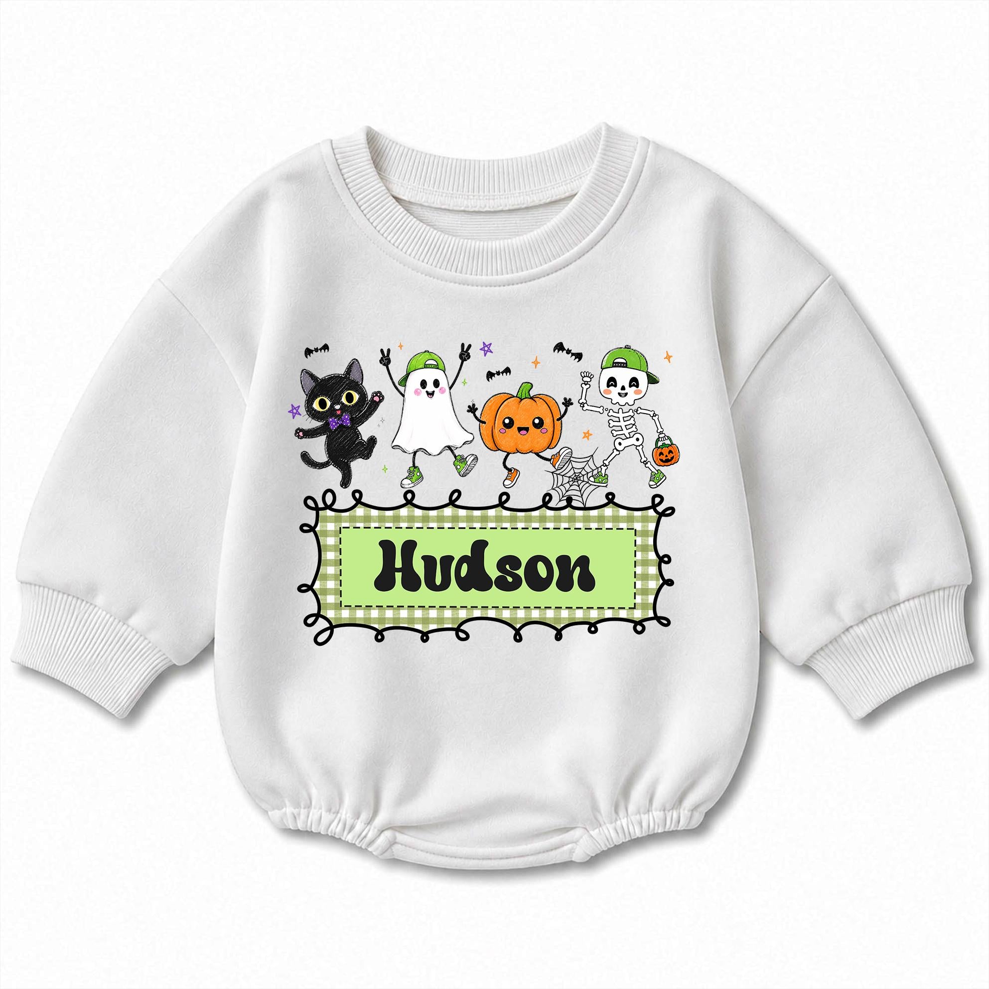 Ghost Pumpkin Halloween Baby Romper with Custom Name, Cute Spooky Character Graphic Infant Outfit for Pumpkin Patch and Fall Photos