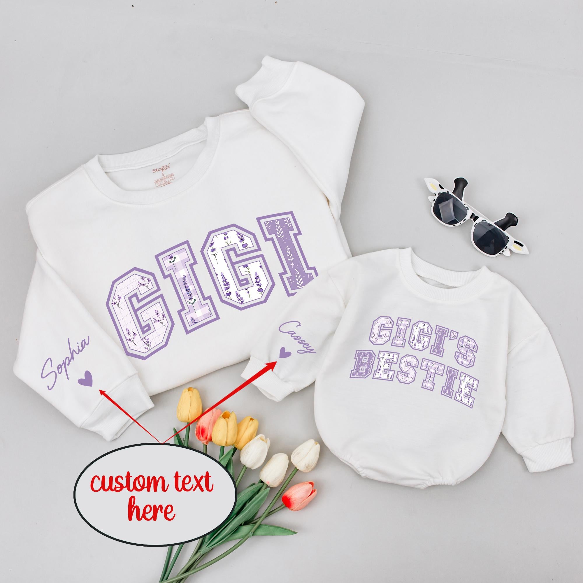Gigi and Baby Matching Sweatshirts with Lavender Floral Lettering and Custom Names, Grandma and Grandchild Outfit, Gift for Gigi