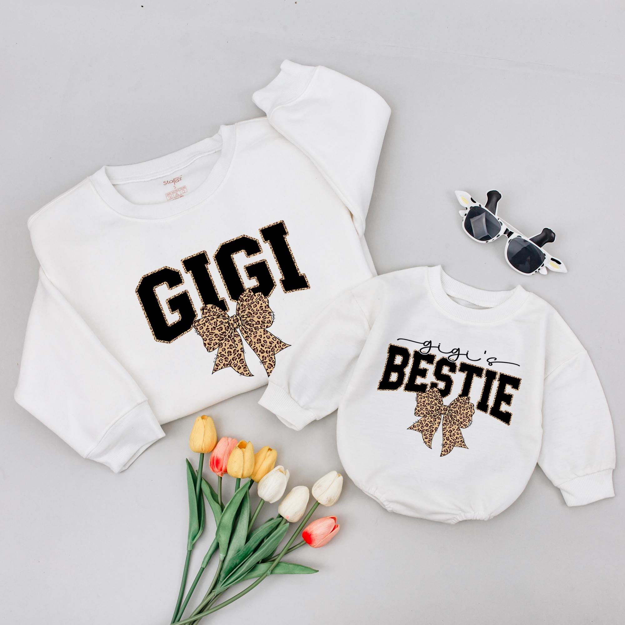 Gigi and Gigi's Bestie Matching Sweatshirt and Romper, Leopard Bow Grandma Outfit with Custom Names, Gift for Grandmother