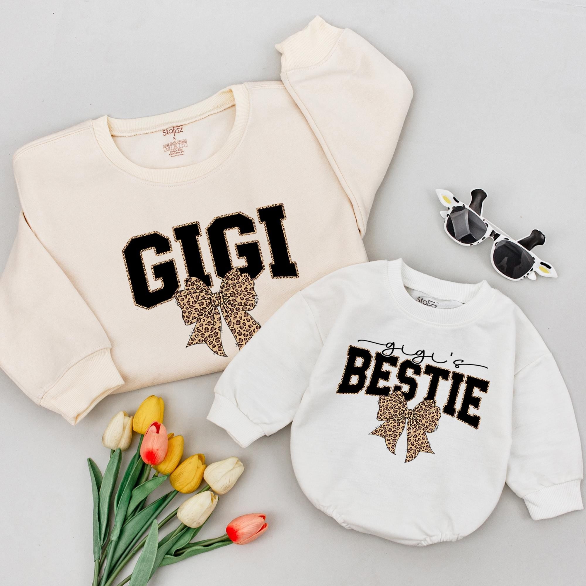Gigi and Gigi's Bestie Matching Sweatshirt and Romper, Leopard Bow Grandma Outfit with Custom Names, Gift for Grandmother